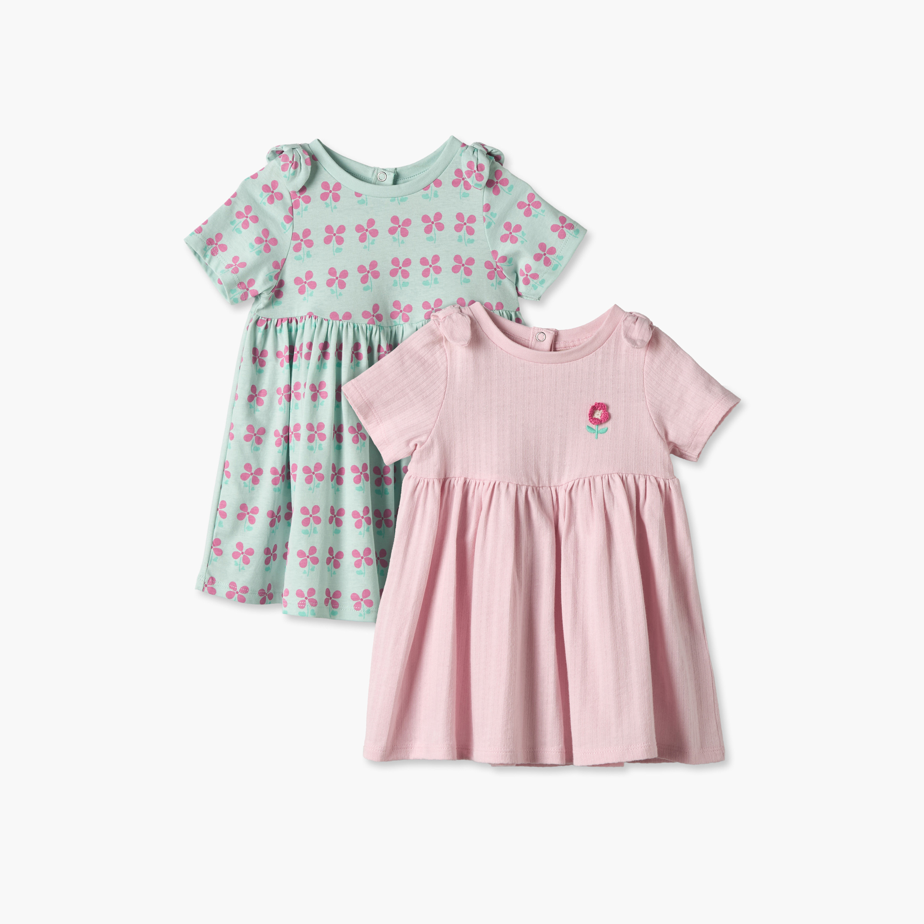 Pack of 2 Juniors Round Neck Short Sleeves Knee Length A-line Dress with Floral Design-baby-girls-clothing-dressesandjumpsuits-image-1