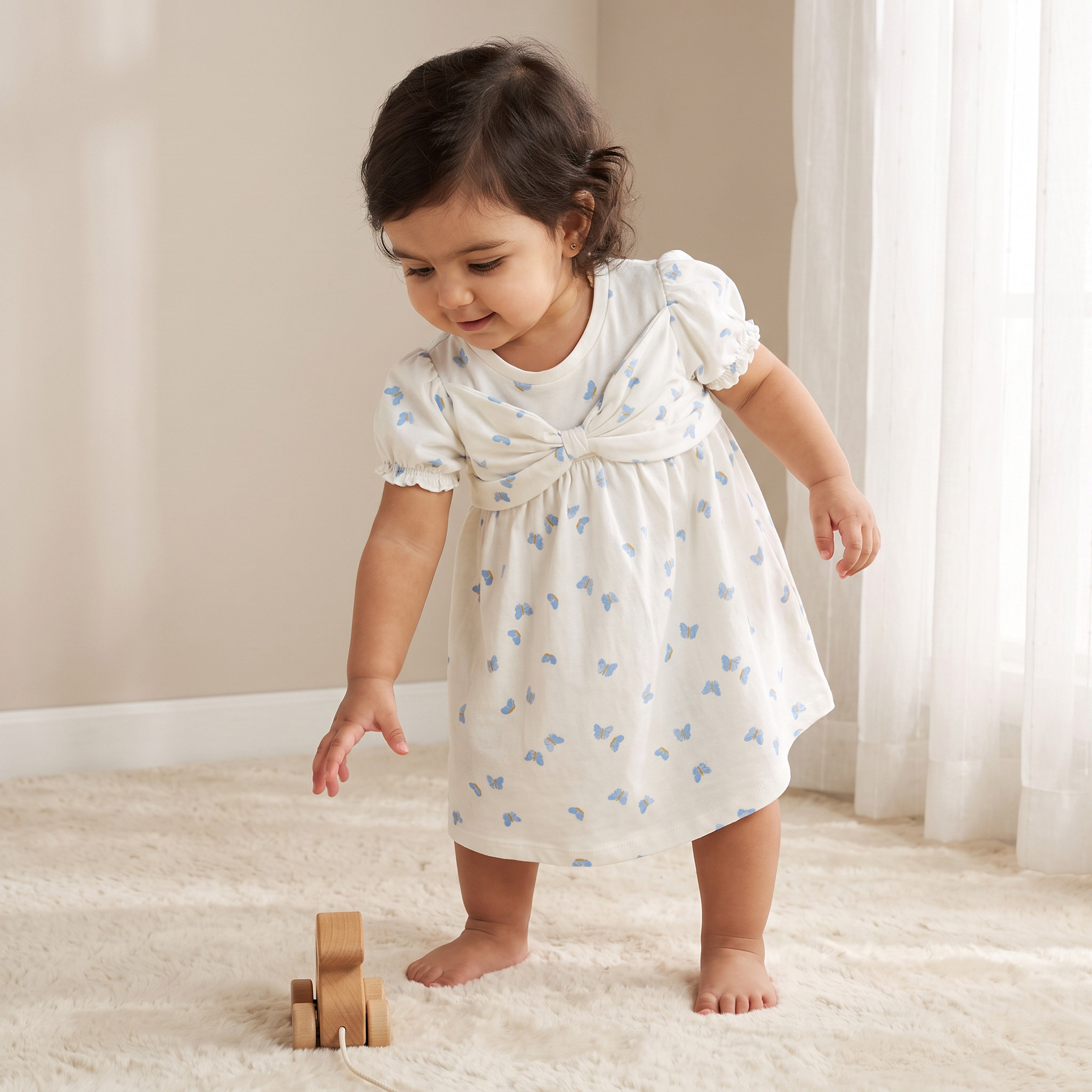 فستان بطول الركبة وياقة مستديرة وأكمام منفوخة وطبعات فراشات من جونيورز-baby-girls-clothing-dressesandjumpsuits-image-1