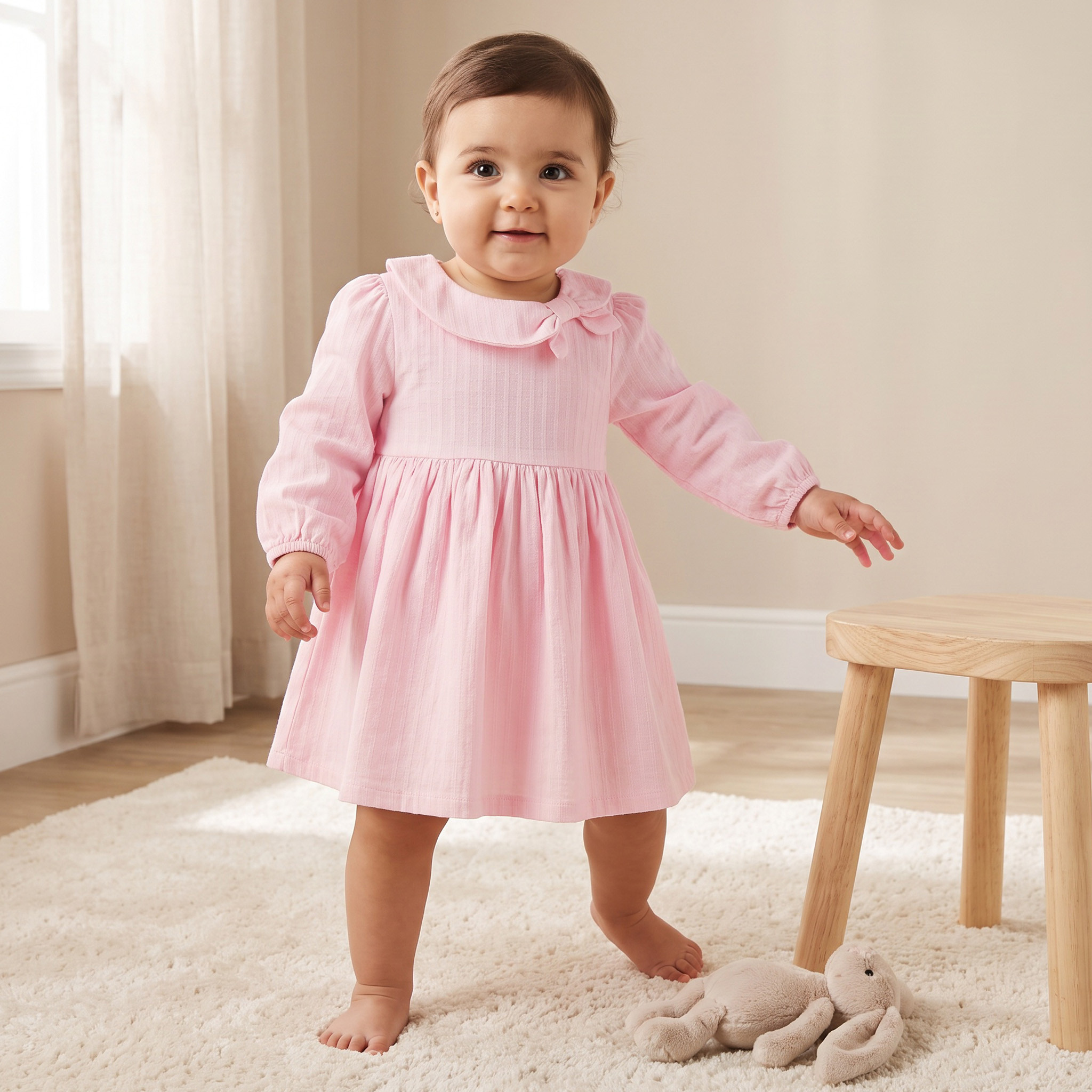 Juniors Round Neck Long Sleeves  Knee Length Dress with Bow Accent-baby-girls-clothing-dressesandjumpsuits-image-1