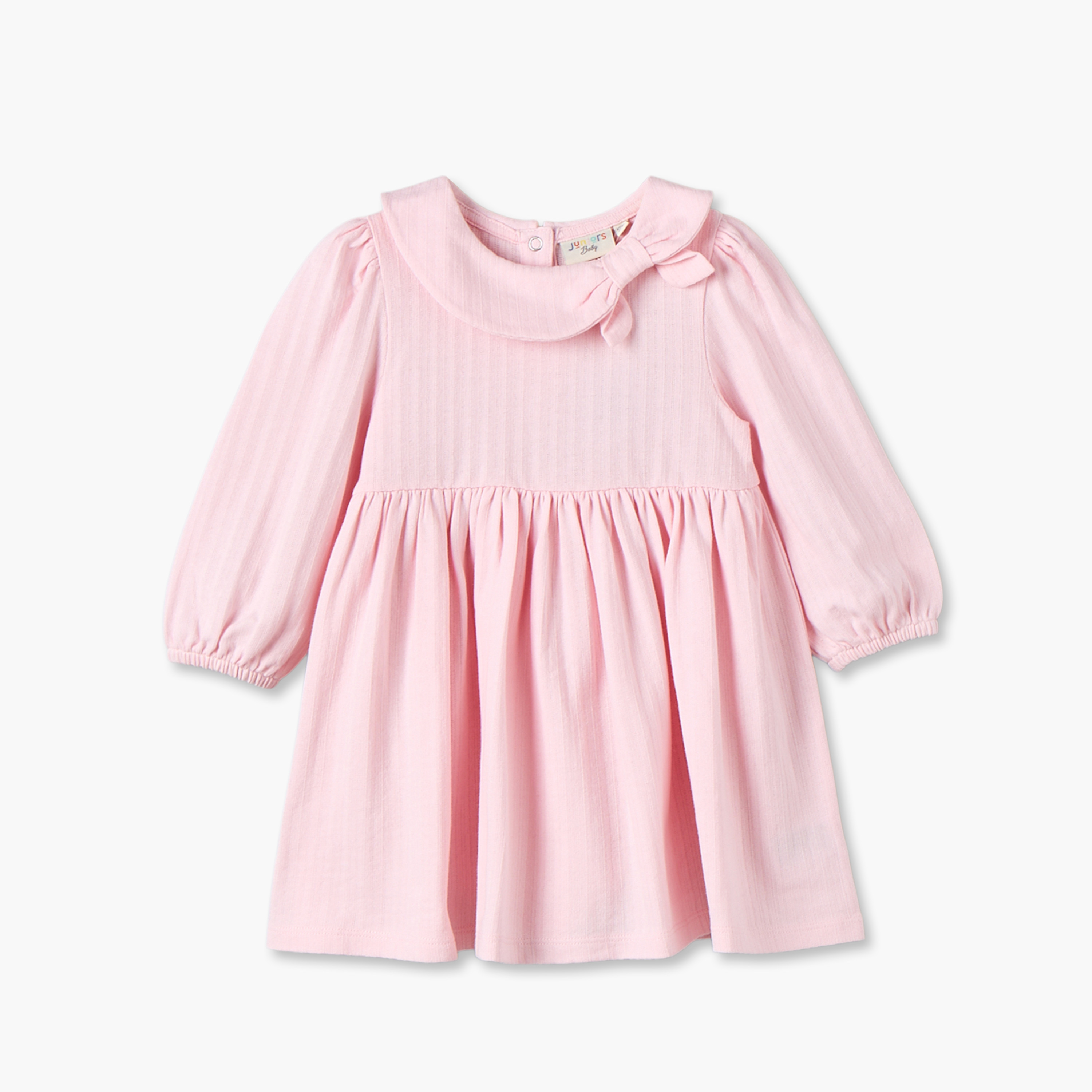 Juniors Round Neck Long Sleeves  Knee Length Dress with Bow Accent-baby-girls-clothing-dressesandjumpsuits-image-2