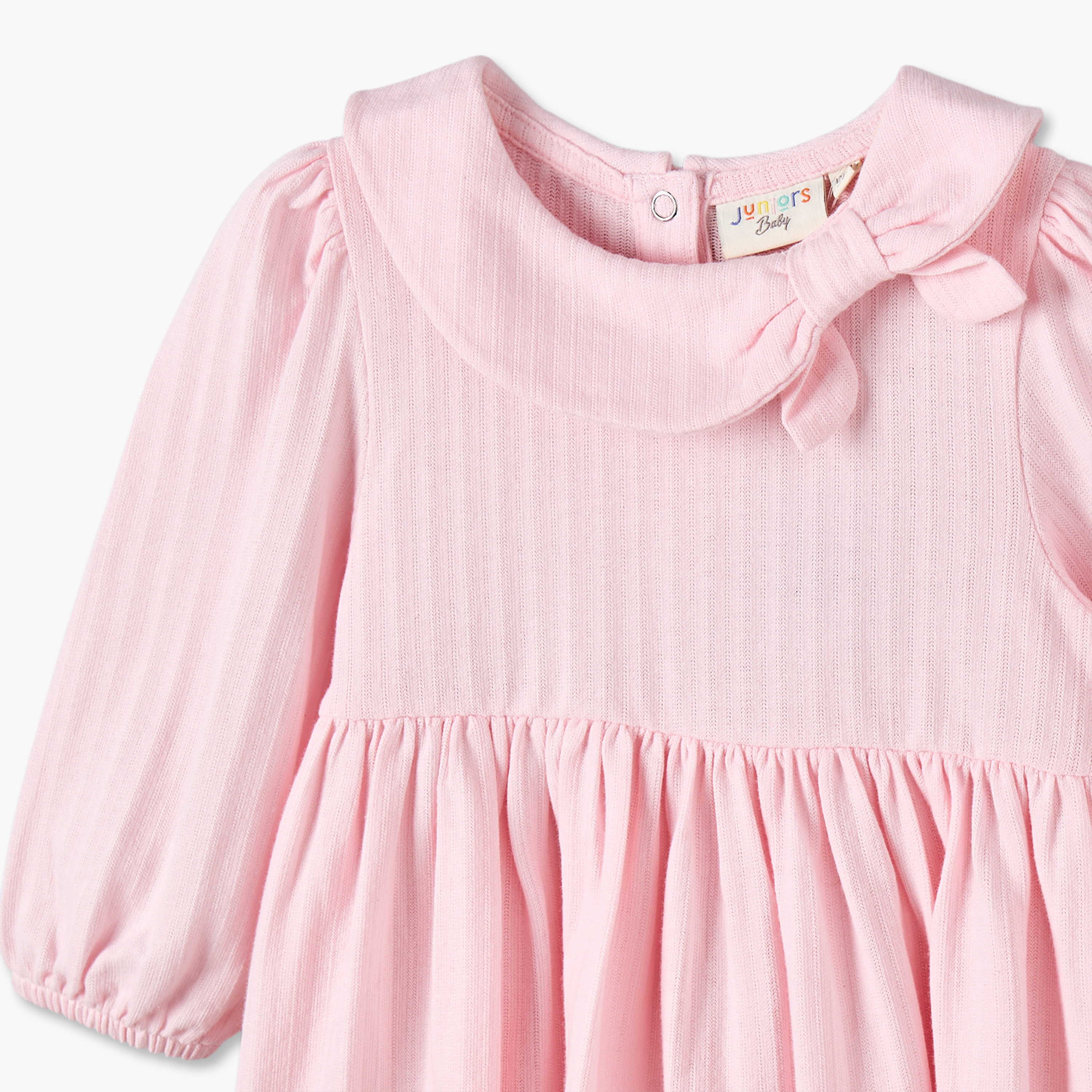 Juniors Round Neck Long Sleeves  Knee Length Dress with Bow Accent-baby-girls-clothing-dressesandjumpsuits-image-4