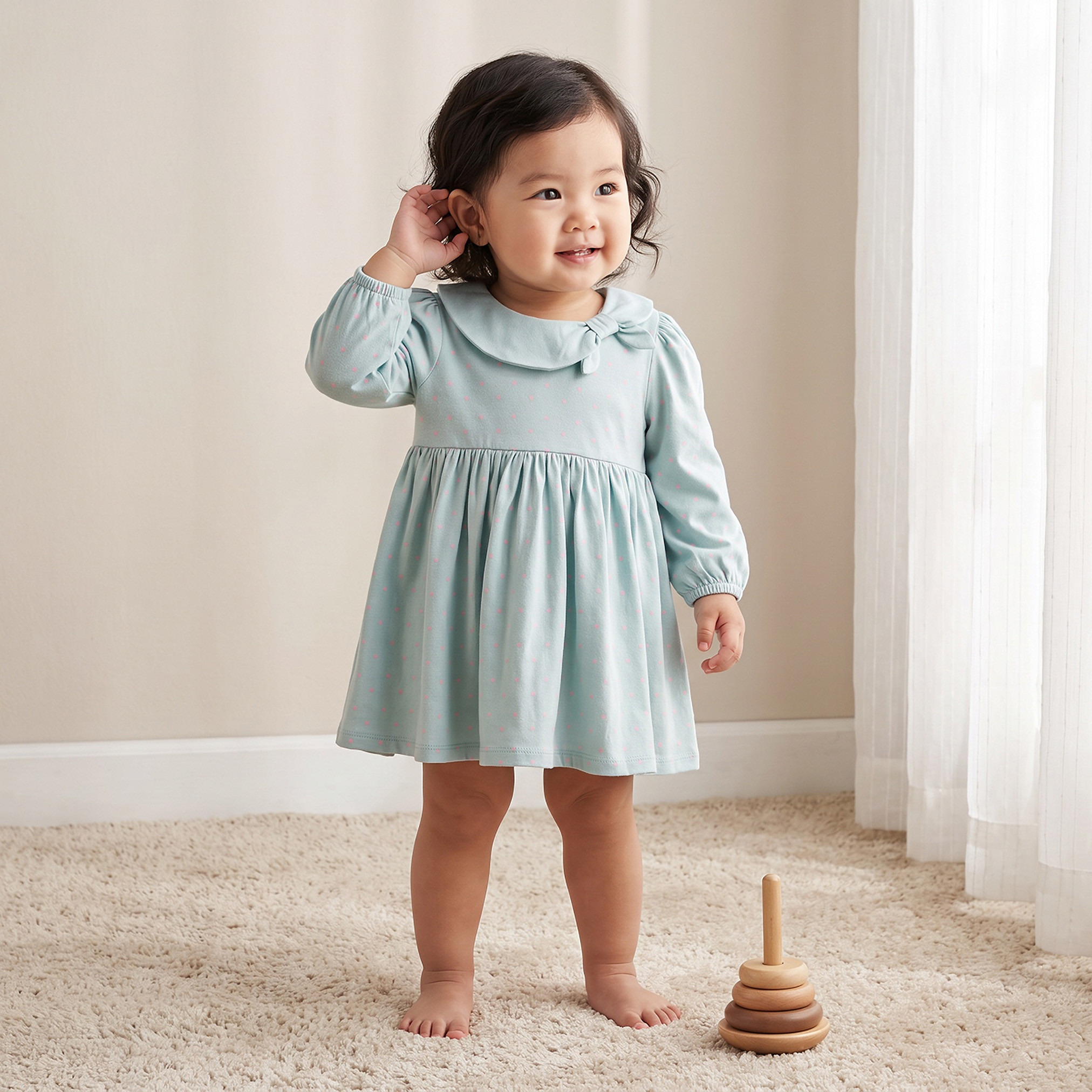 Juniors Peter Pan Collar Long Sleeves Knee Length Dress with Bow Accent-baby-girls-clothing-dressesandjumpsuits-image-1