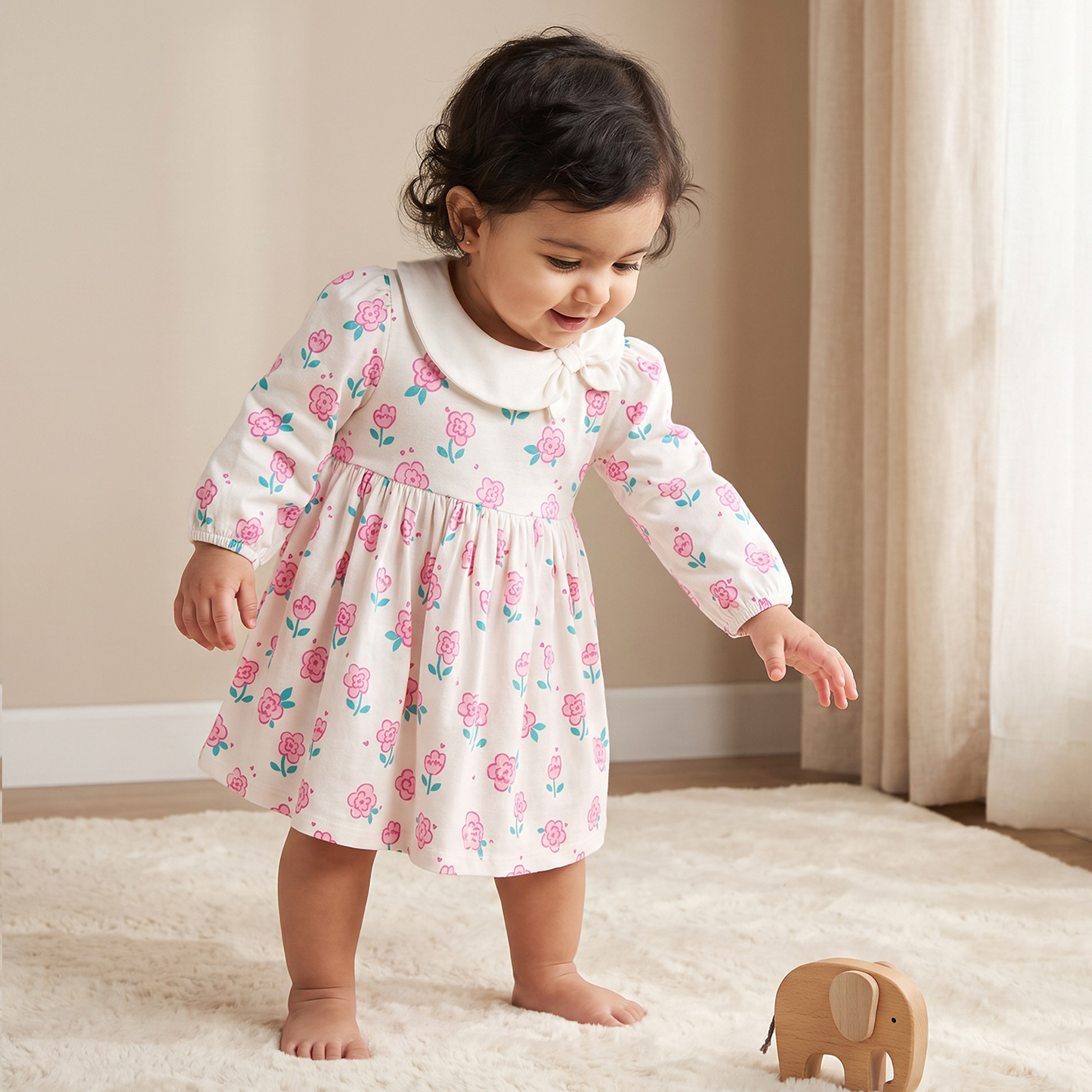 Juniors Peter Pan Collar Long Sleeves Knee Length Dress with Floral Print-baby-girls-clothing-dressesandjumpsuits-image-1