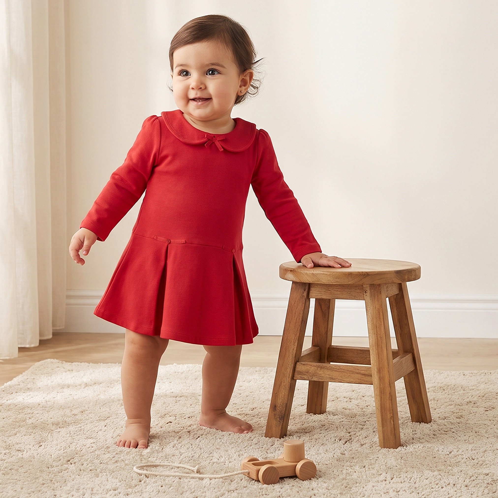 فستان بطول الركبة وياقة بيتر بان وأكمام طويلة وكسرات من جونيورز-baby-girls-clothing-dressesandjumpsuits-image-1