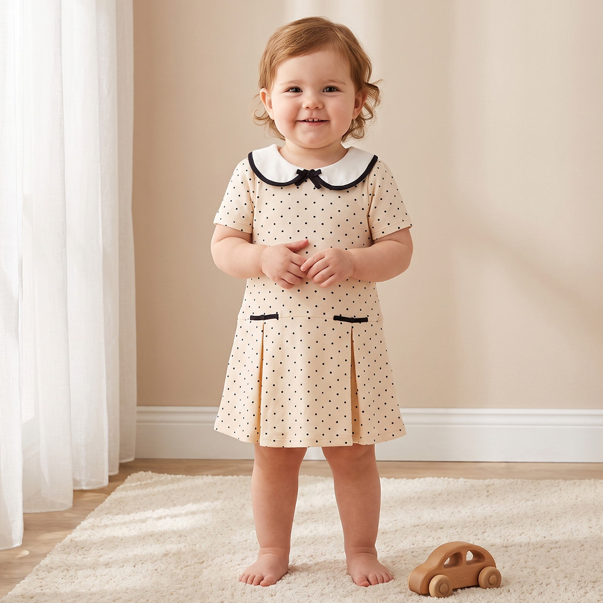 فستان بياقة بيتر بان وأكمام قصيرة بطول الركبة وطبعات منقطة من جونيورز-baby-girls-clothing-dressesandjumpsuits-image-1