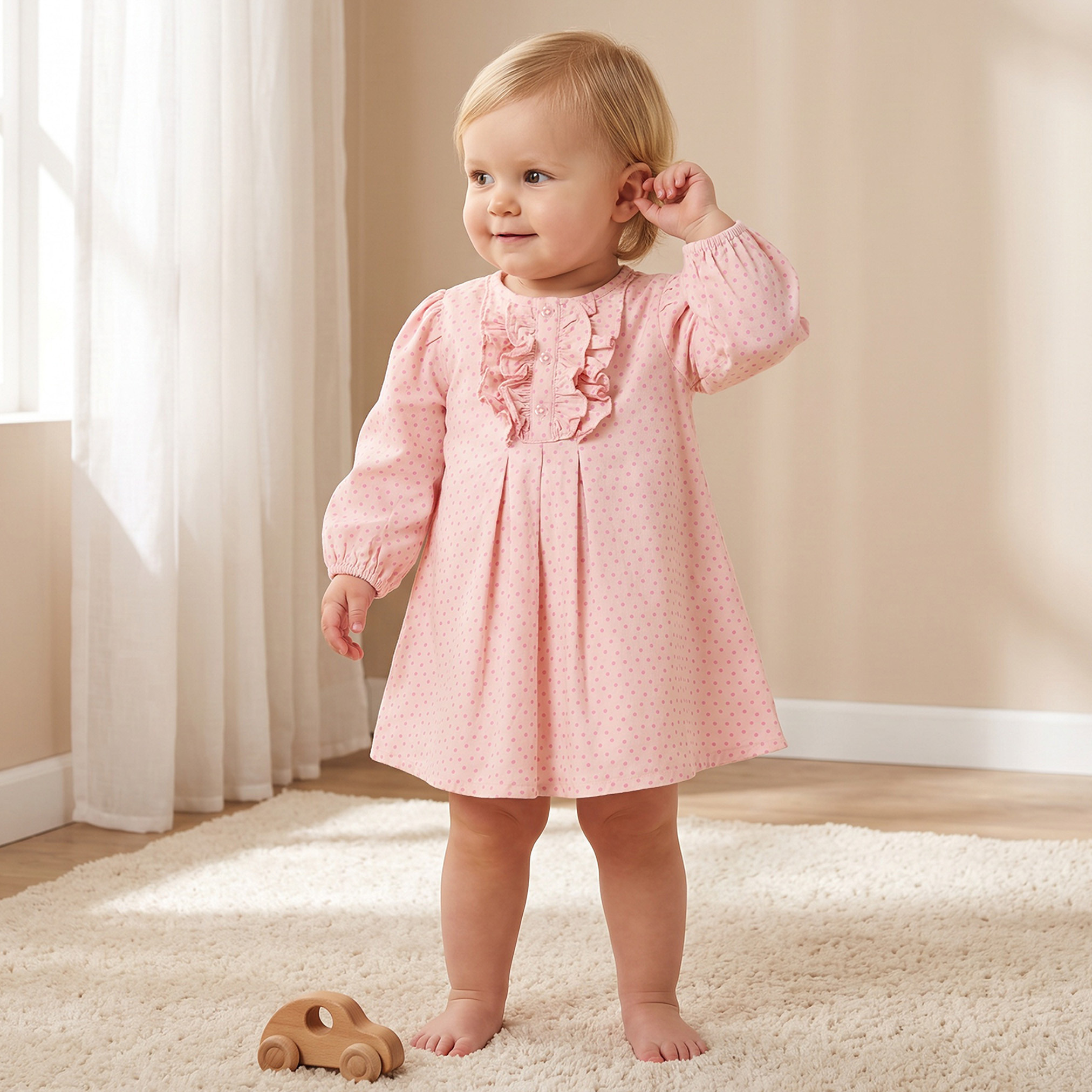 Juniors Round Neck Long Sleeves Knee Length Dress with Polka Dot Print-baby-girls-clothing-dressesandjumpsuits-image-1