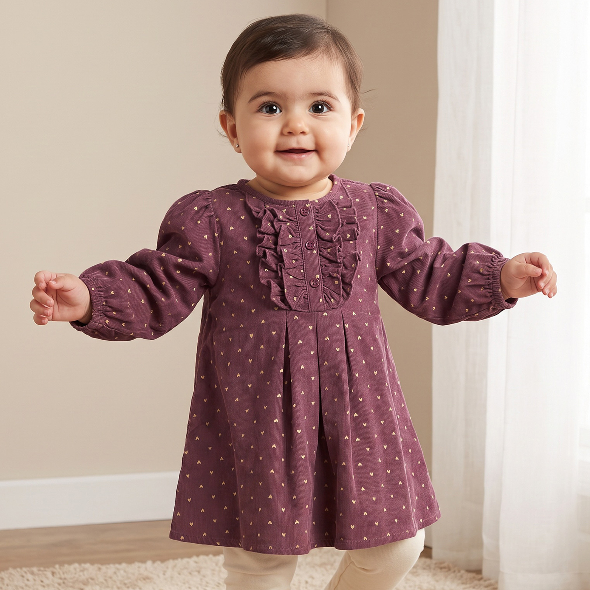 فستان بقصة إيه لاين وياقة مستديرة وأكمام طويلة بطول الركبة وطبعات القلوب من جونيورز-baby-girls-clothing-dressesandjumpsuits-image-1