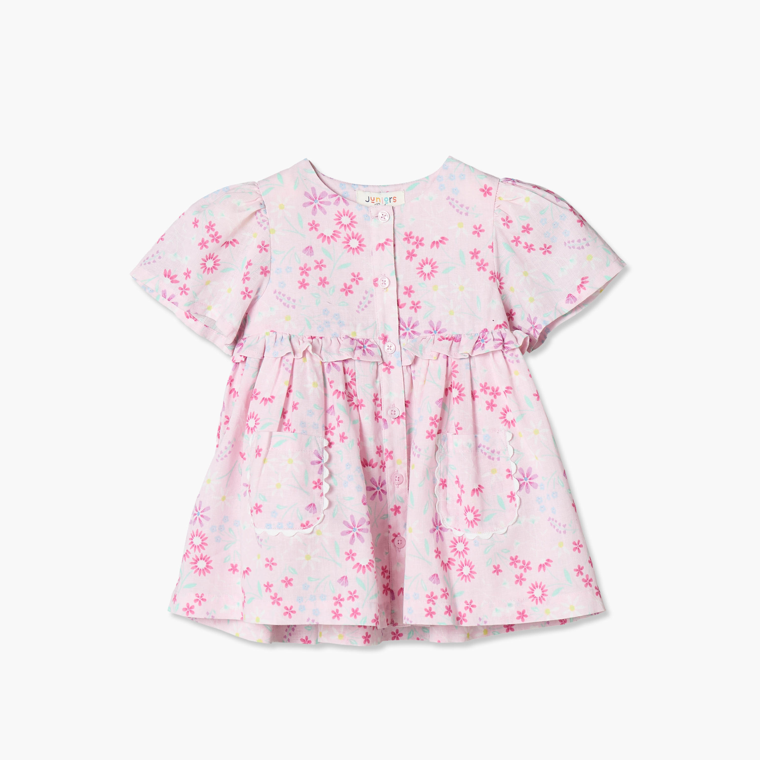 فستان بطول الركبة وياقة مستديرة وأكمام قصيرة وطبعات زهرية من جونيورز-baby-girls-clothing-dressesandjumpsuits-image-1