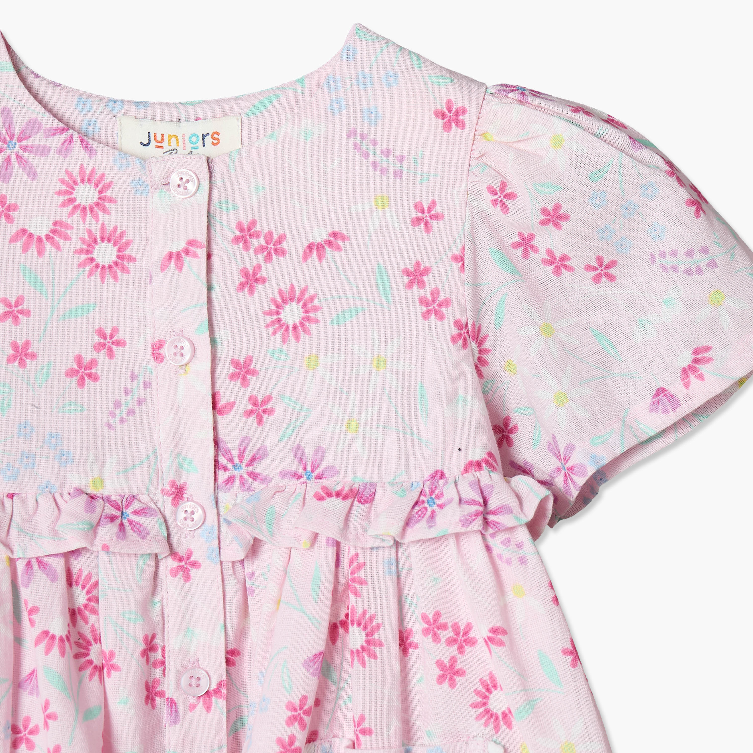 فستان بطول الركبة وياقة مستديرة وأكمام قصيرة وطبعات زهرية من جونيورز-baby-girls-clothing-dressesandjumpsuits-image-3