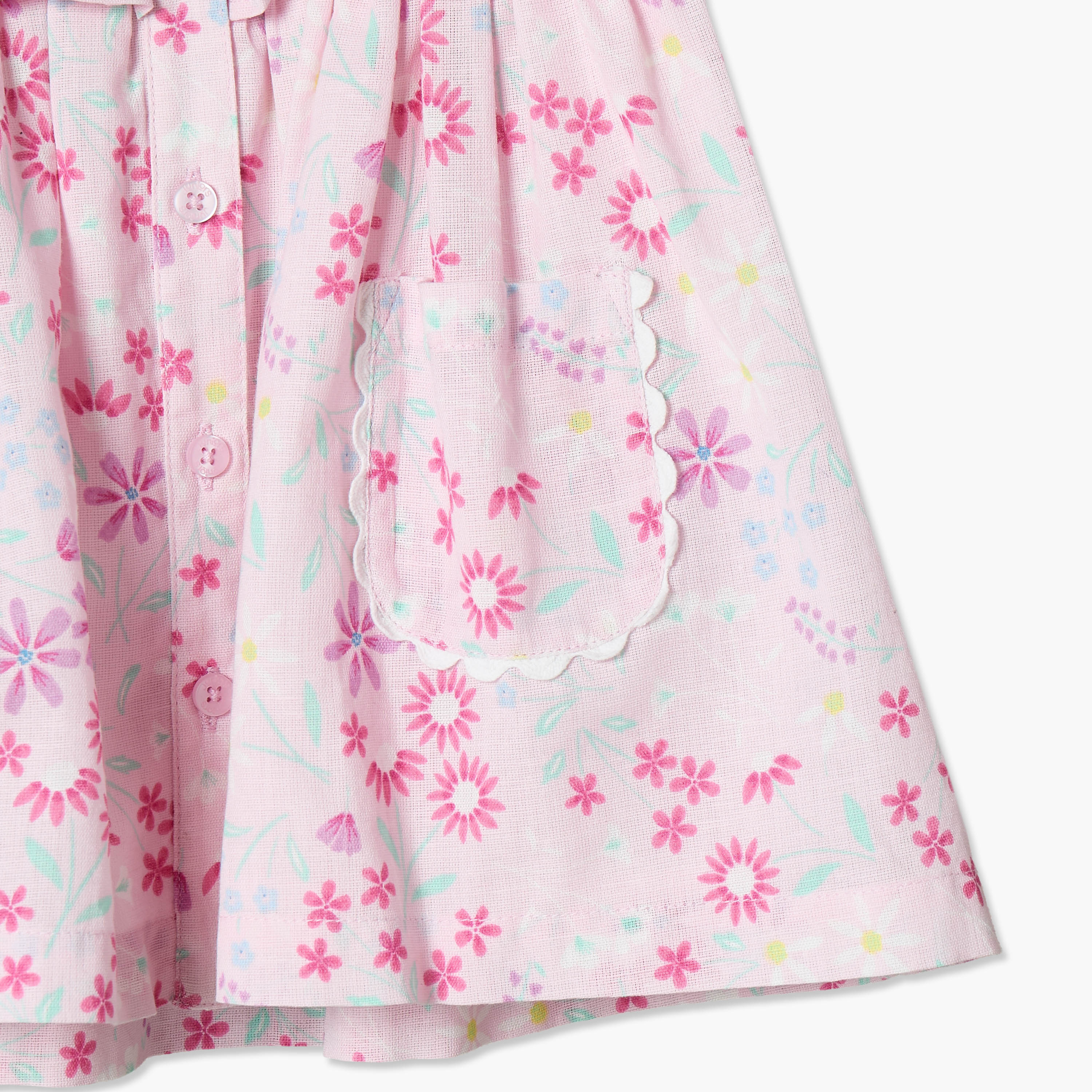 فستان بطول الركبة وياقة مستديرة وأكمام قصيرة وطبعات زهرية من جونيورز-baby-girls-clothing-dressesandjumpsuits-image-4