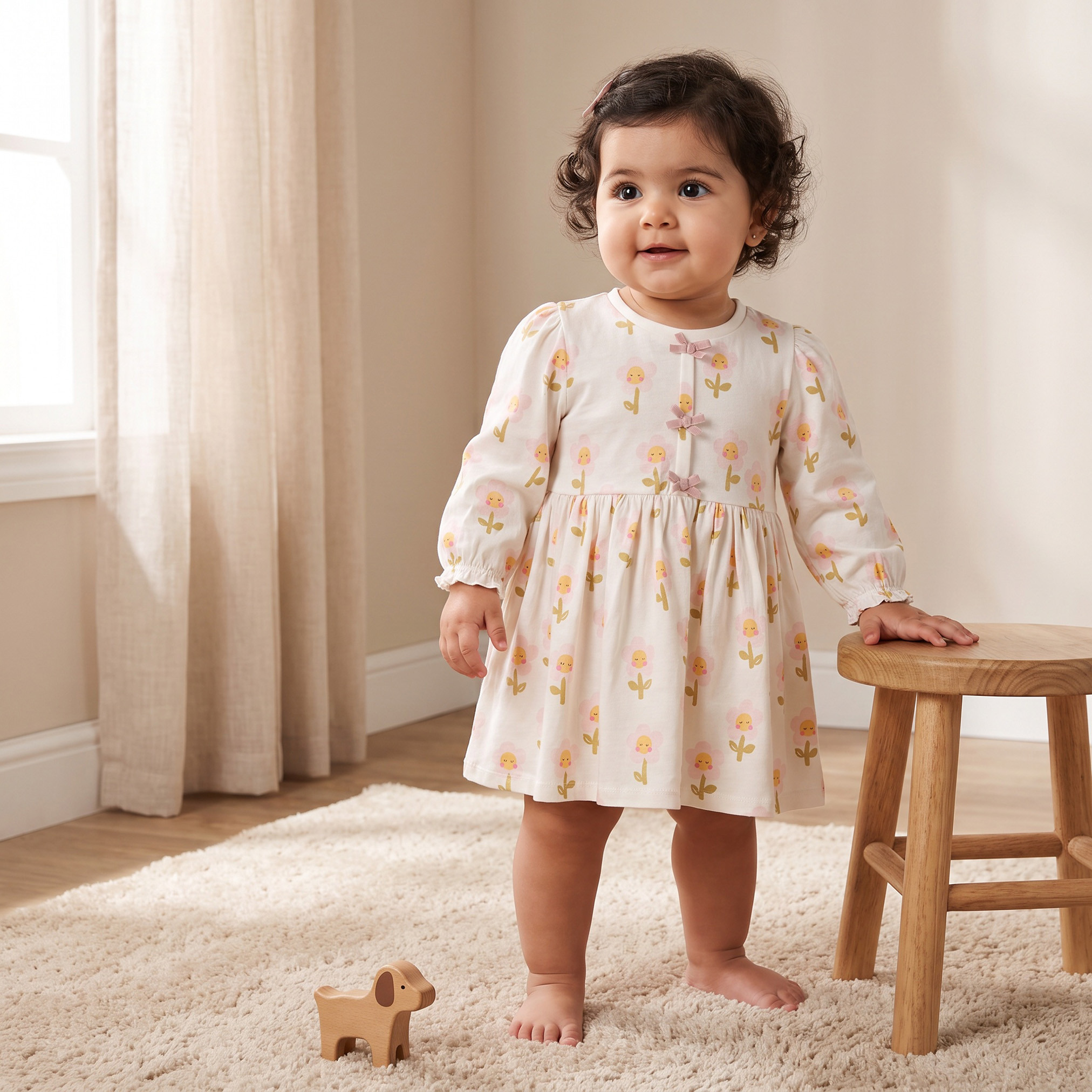 فستان طول الركبة بياقة مستديرة وأكمام طويلة وطبعات من جونيورز-baby-girls-clothing-dressesandjumpsuits-image-1