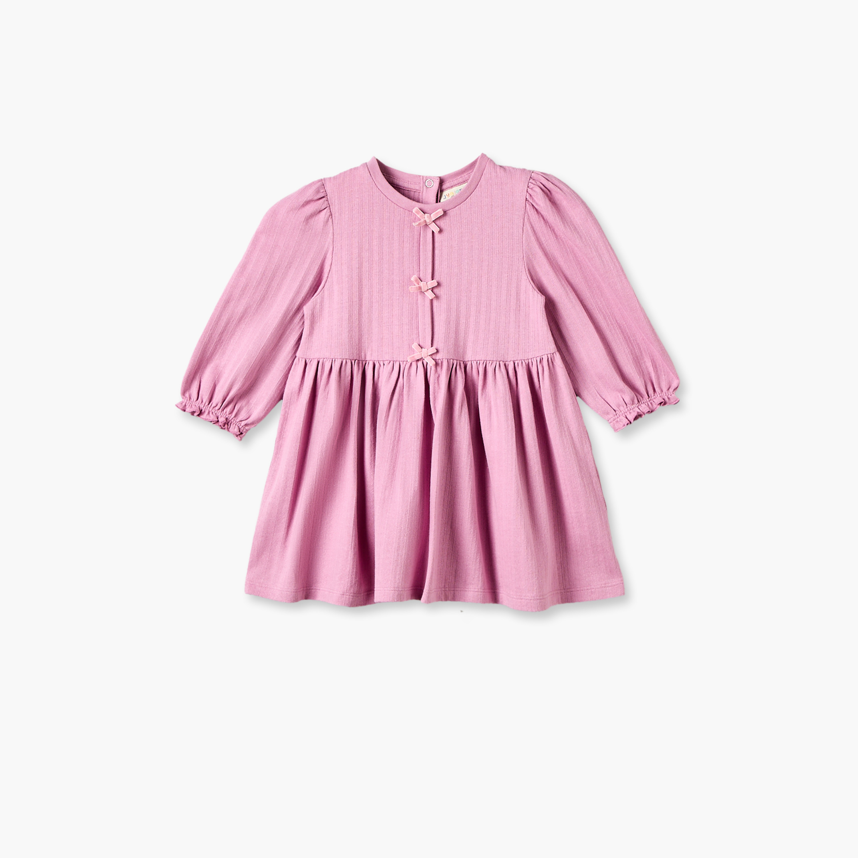 Juniors Round Neck Long Sleeves Knee Length Dress with Bow Detail-baby-girls-clothing-dressesandjumpsuits-image-1