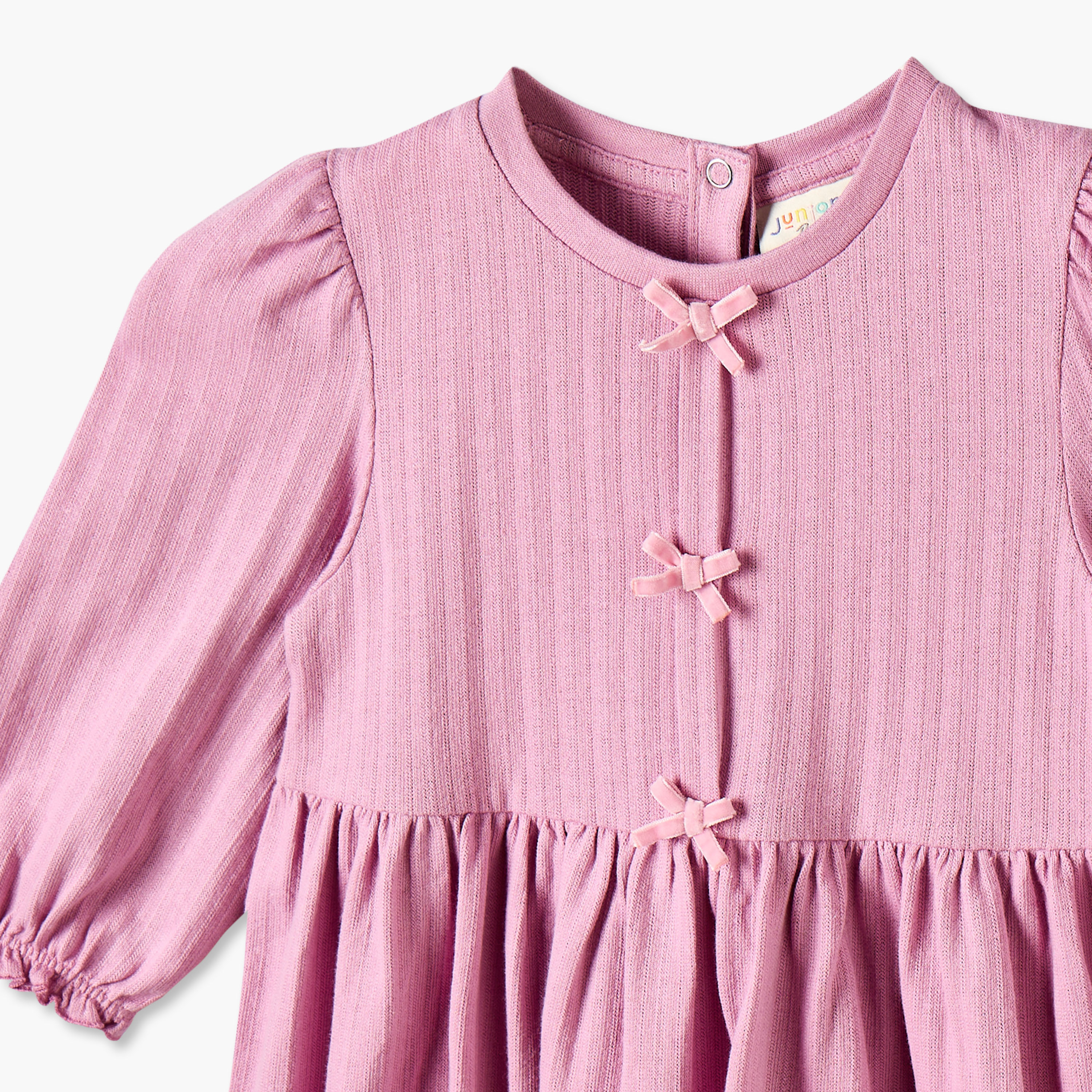 Juniors Round Neck Long Sleeves Knee Length Dress with Bow Detail-baby-girls-clothing-dressesandjumpsuits-image-3
