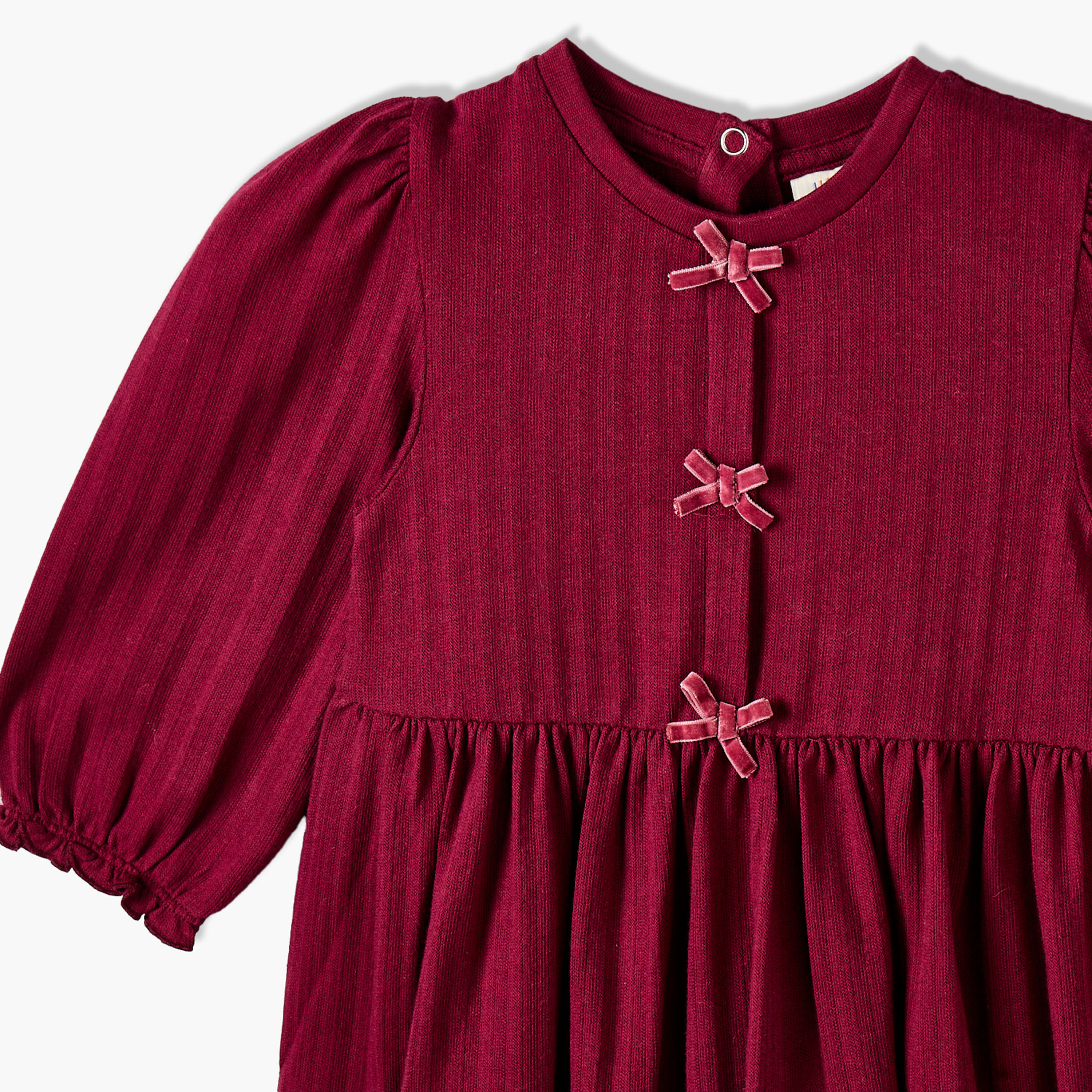 فستان طول الركبة بياقة مستديرة وأكمام طويلة وتفاصيل فيونكة من جونيورز-baby-girls-clothing-dressesandjumpsuits-image-3