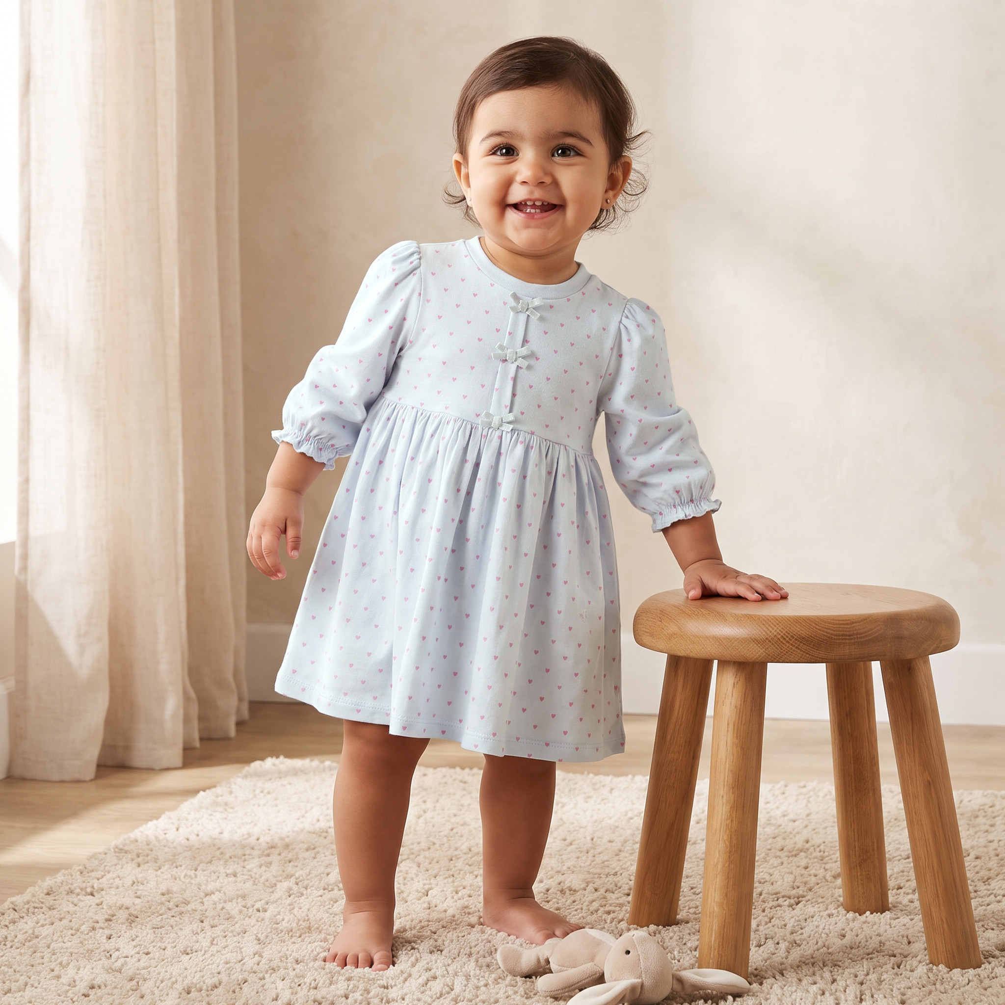 فستان بطول الركبة وياقة مستديرة وأكمام طويلة وطبعات قلب من جونيورز-baby-girls-clothing-dressesandjumpsuits-image-1