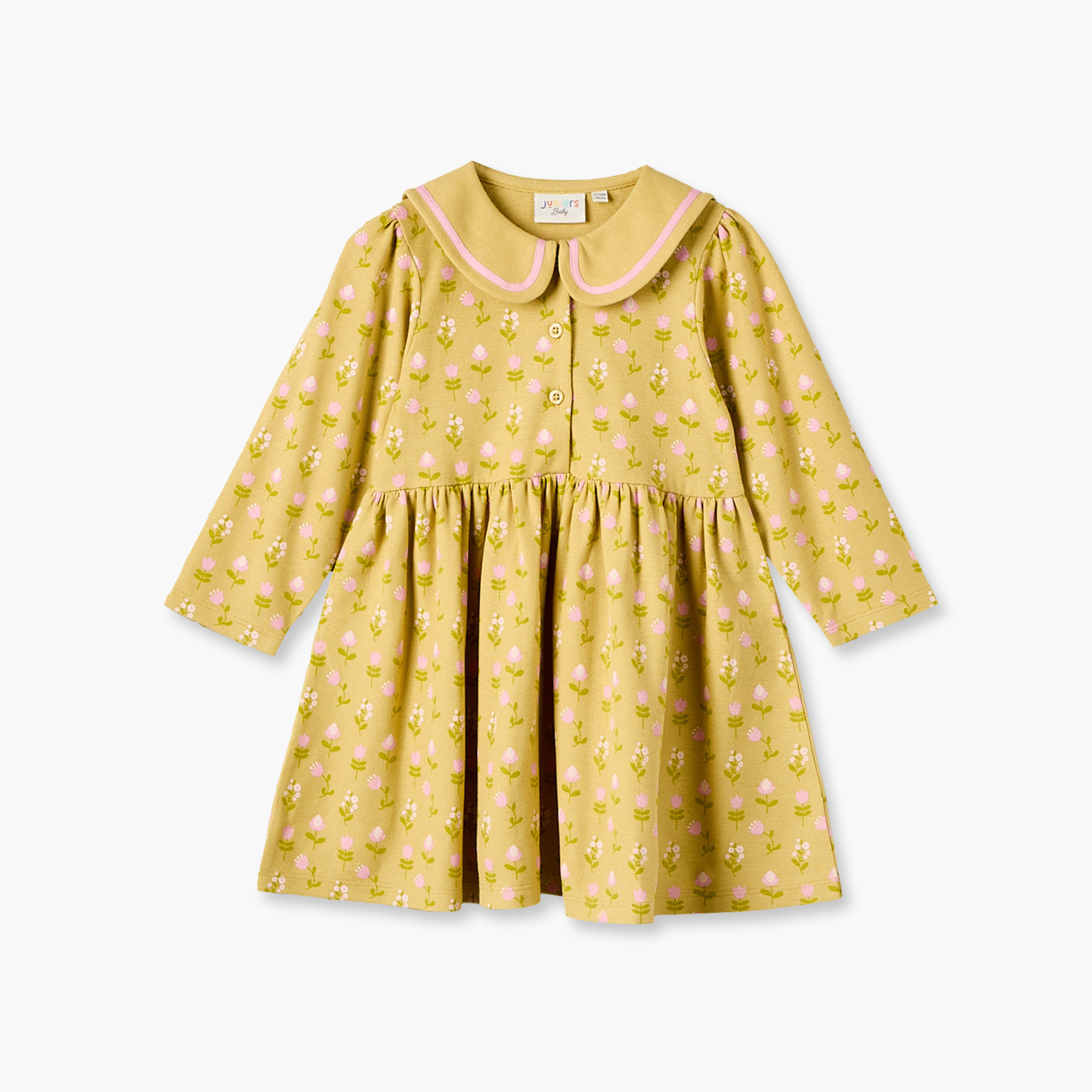 Juniors Peter Pan Collar Long Sleeves Knee Length Dress with Floral Print-baby-girls-clothing-dressesandjumpsuits-image-1
