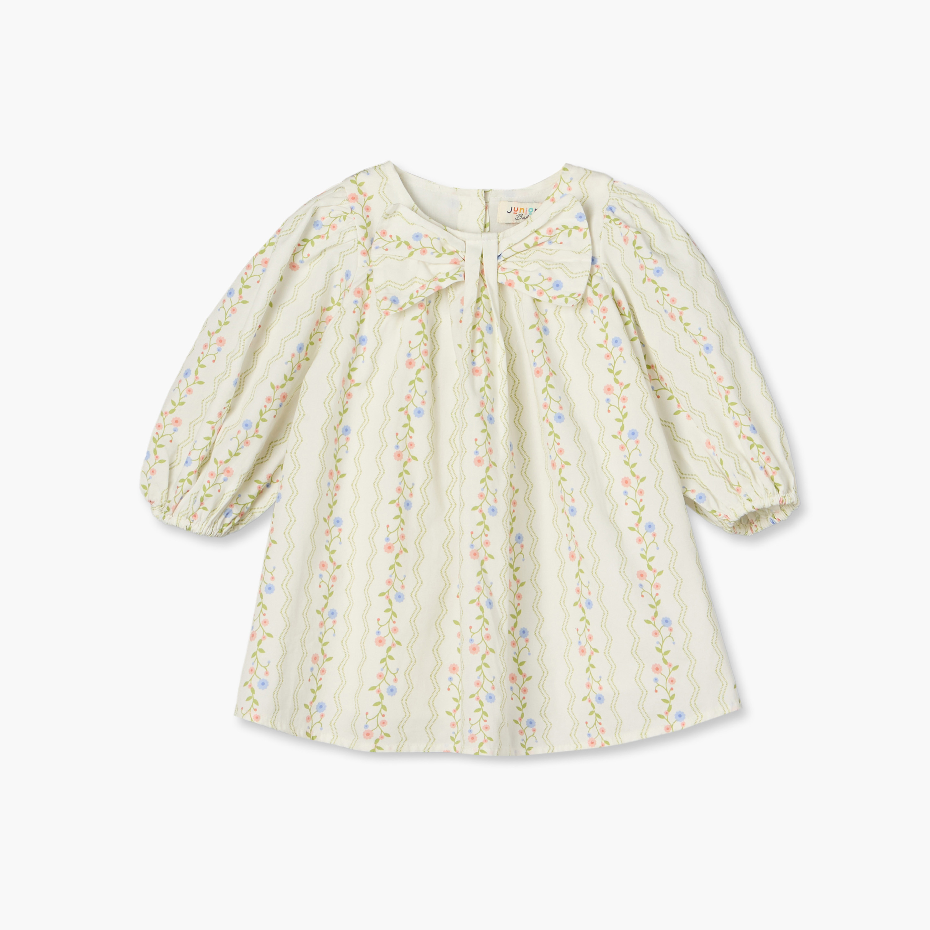 Juniors Round Neck Long Sleeves Knee Length Dress with Floral Print-baby-girls-clothing-dressesandjumpsuits-image-1