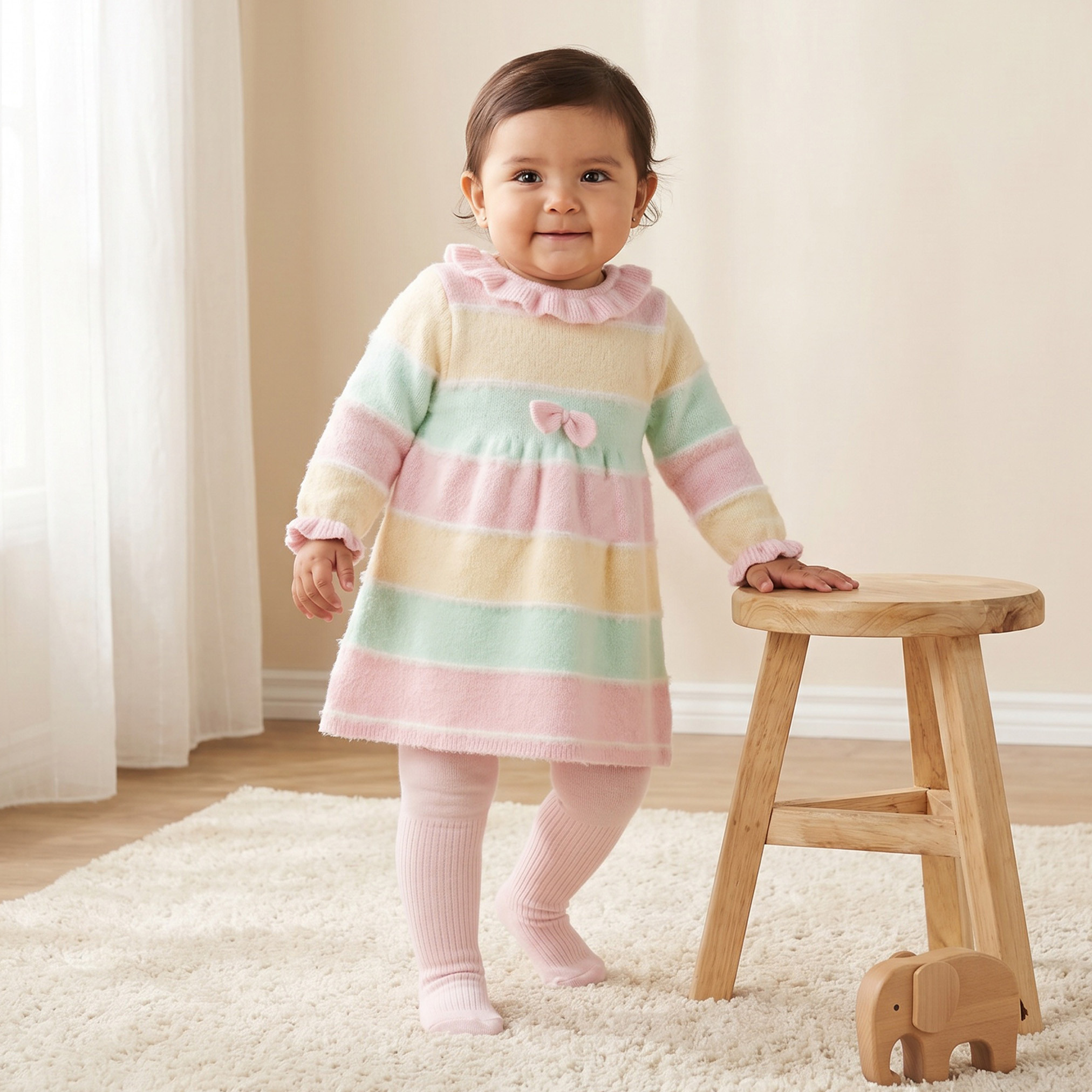 فستان إيه لاين بطول الركبة وياقة وأكمام طويلة مع كولون من جونيورز-baby-girls-clothing-winterwear-dresses-image-1
