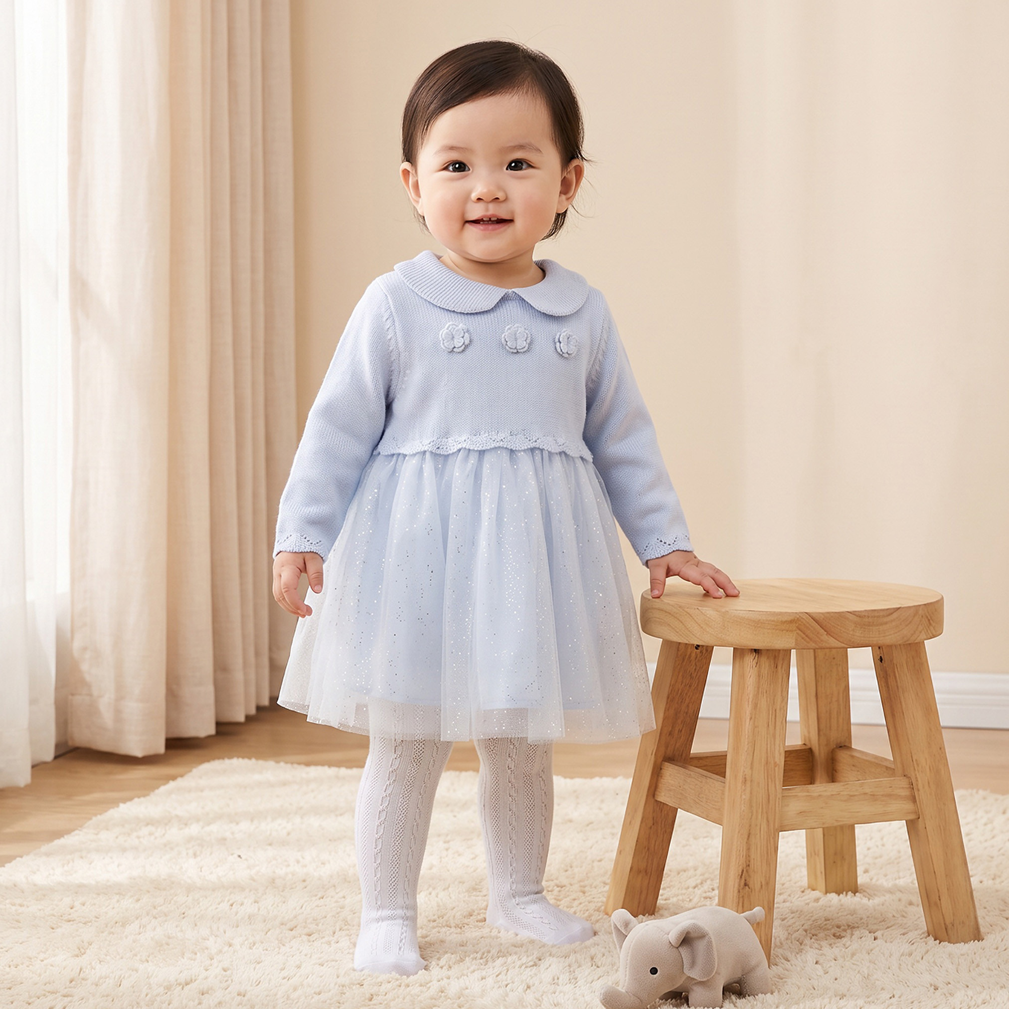 Juniors Peter Pan Collar Long Sleeves Knee Length Dress with Floral Applique-baby-girls-clothing-dressesandjumpsuits-image-1