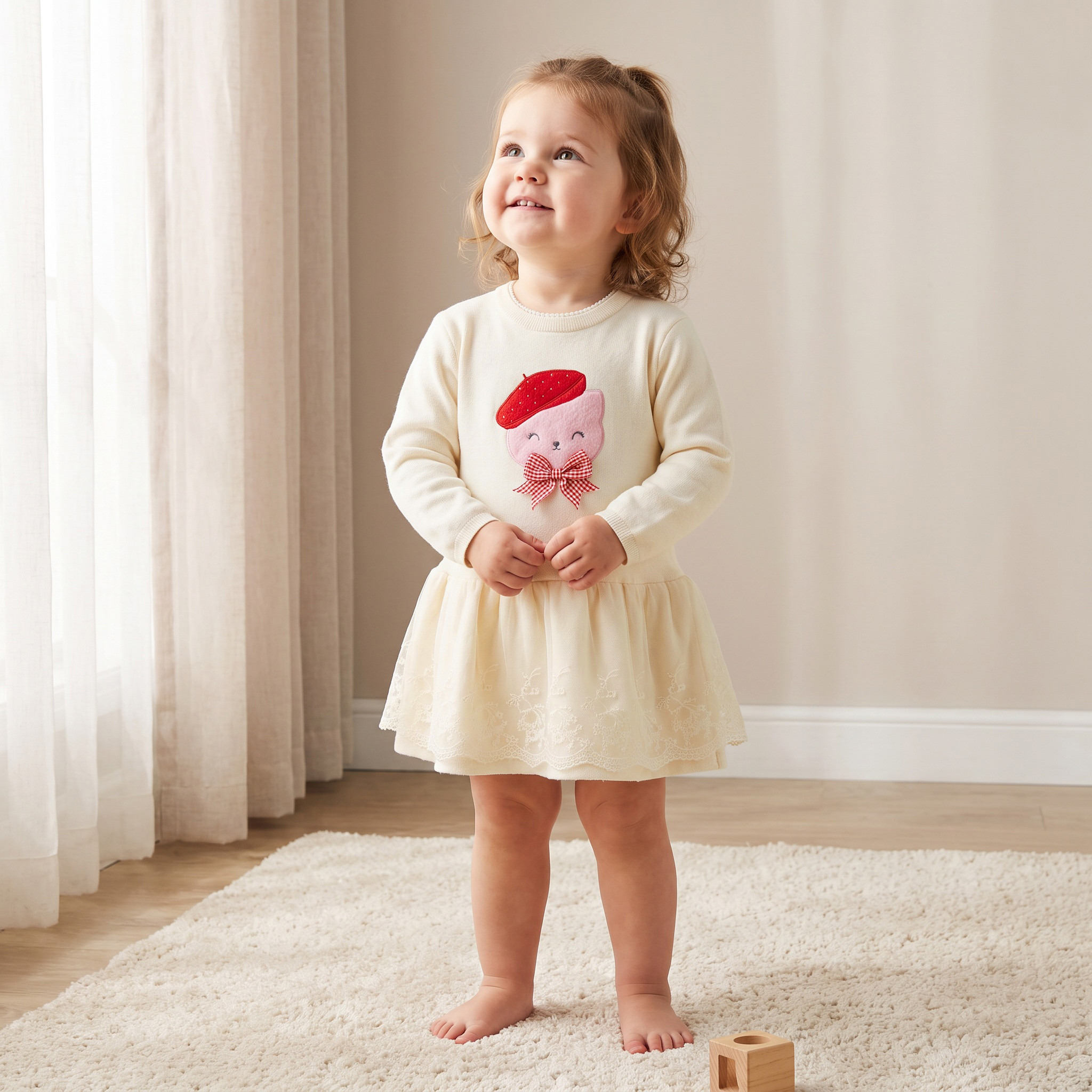 Juniors Round Neck Long Sleeves Knee Length A-line Dress with Applique-baby-girls-clothing-dressesandjumpsuits-image-1