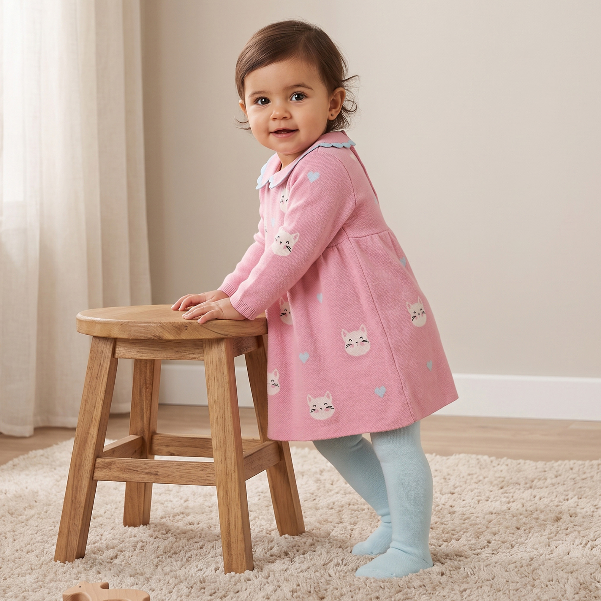 Juniors Peter Pan Collar Long Sleeves Midi Length A-line Dress and Tights with Cat Print-baby-girls-clothing-dressesandjumpsuits-image-1