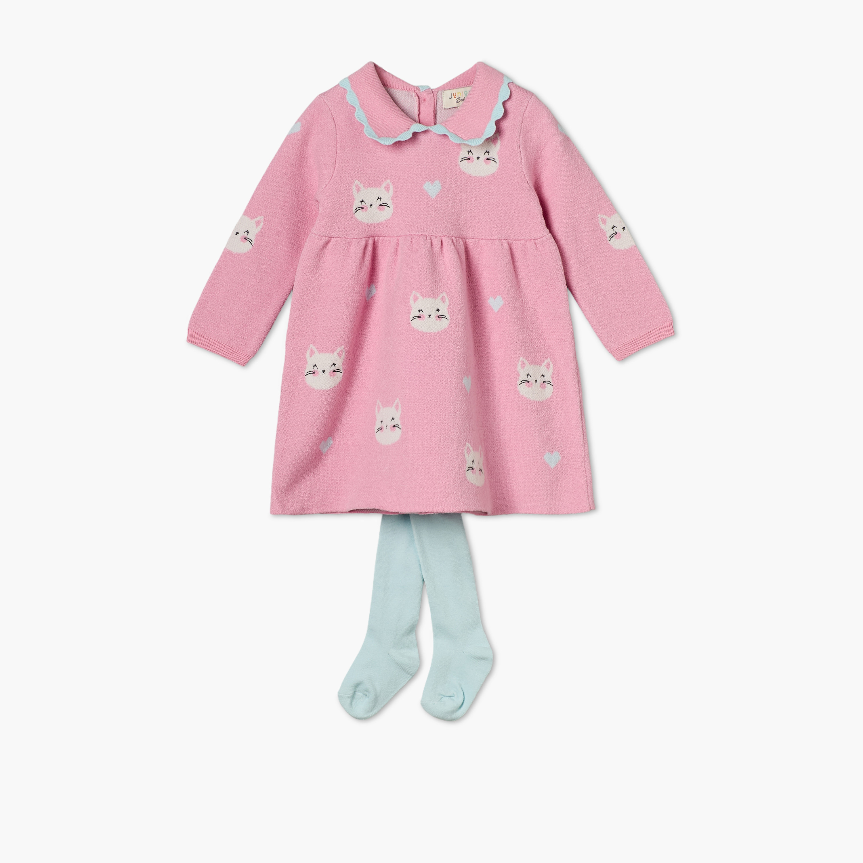 Juniors Peter Pan Collar Long Sleeves Midi Length A-line Dress and Tights with Cat Print-baby-girls-clothing-dressesandjumpsuits-image-2