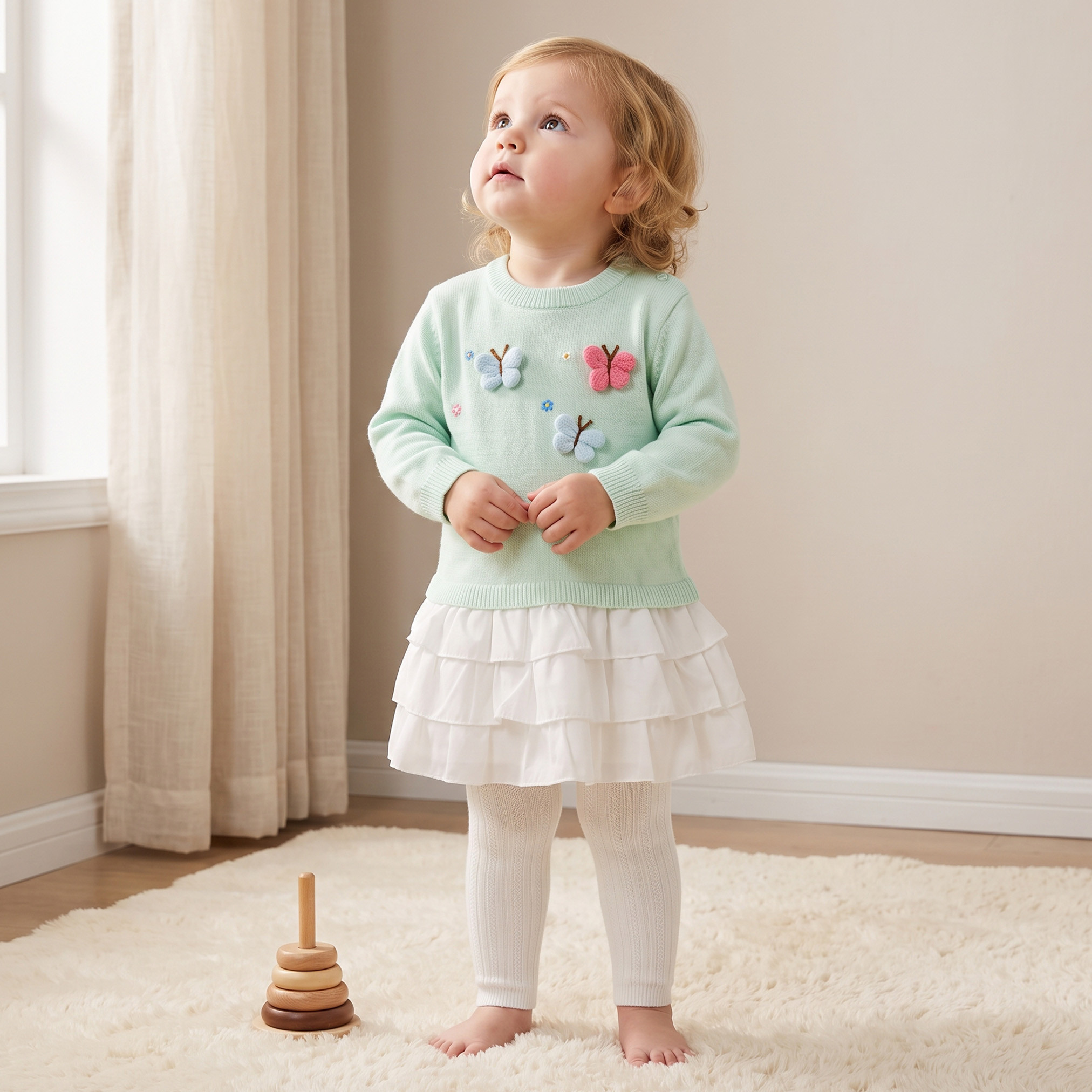 Juniors Round Neck Long Sleeves Knee Length Dress with Tights-baby-girls-clothing-dressesandjumpsuits-image-1