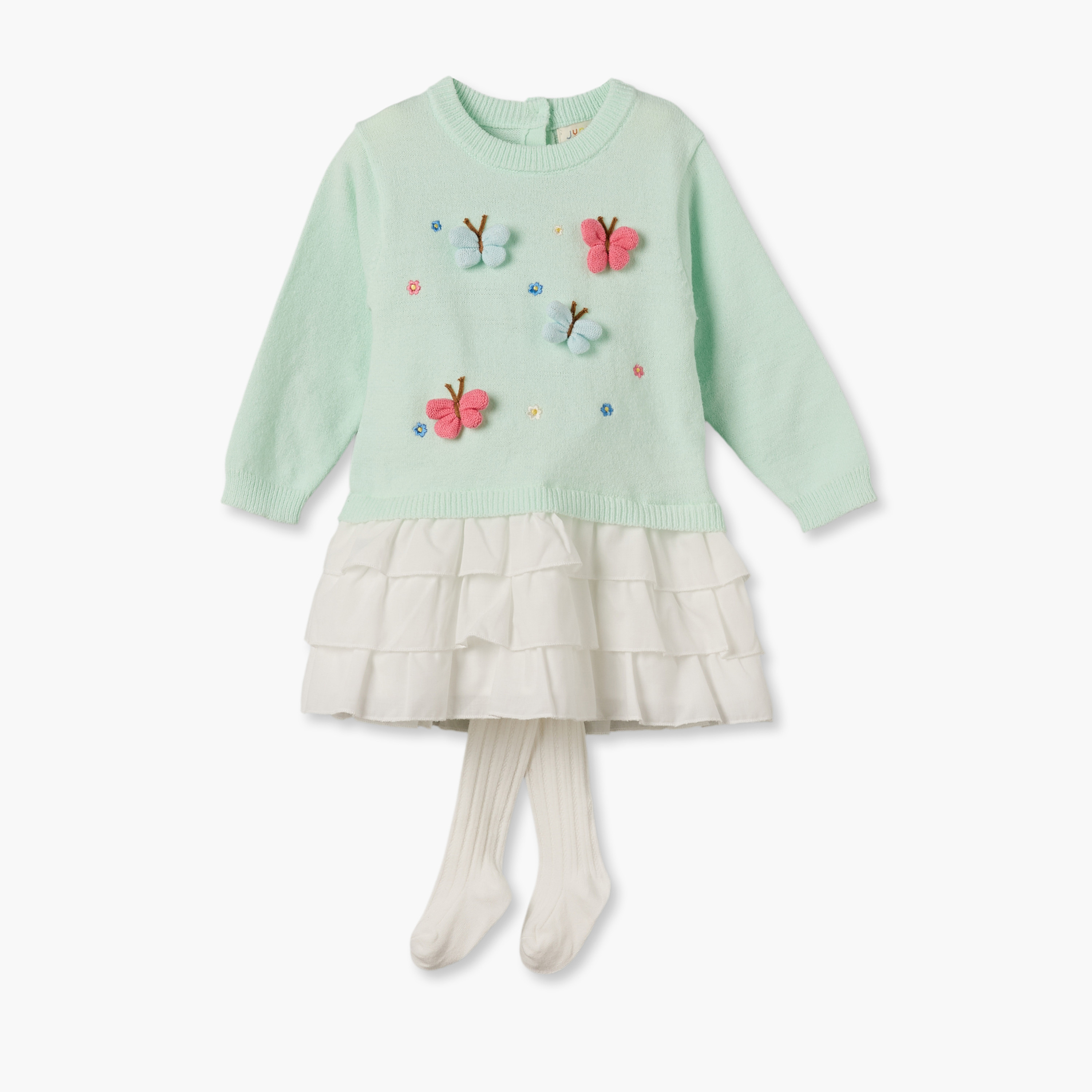 Juniors Round Neck Long Sleeves Knee Length Dress with Tights-baby-girls-clothing-dressesandjumpsuits-image-2