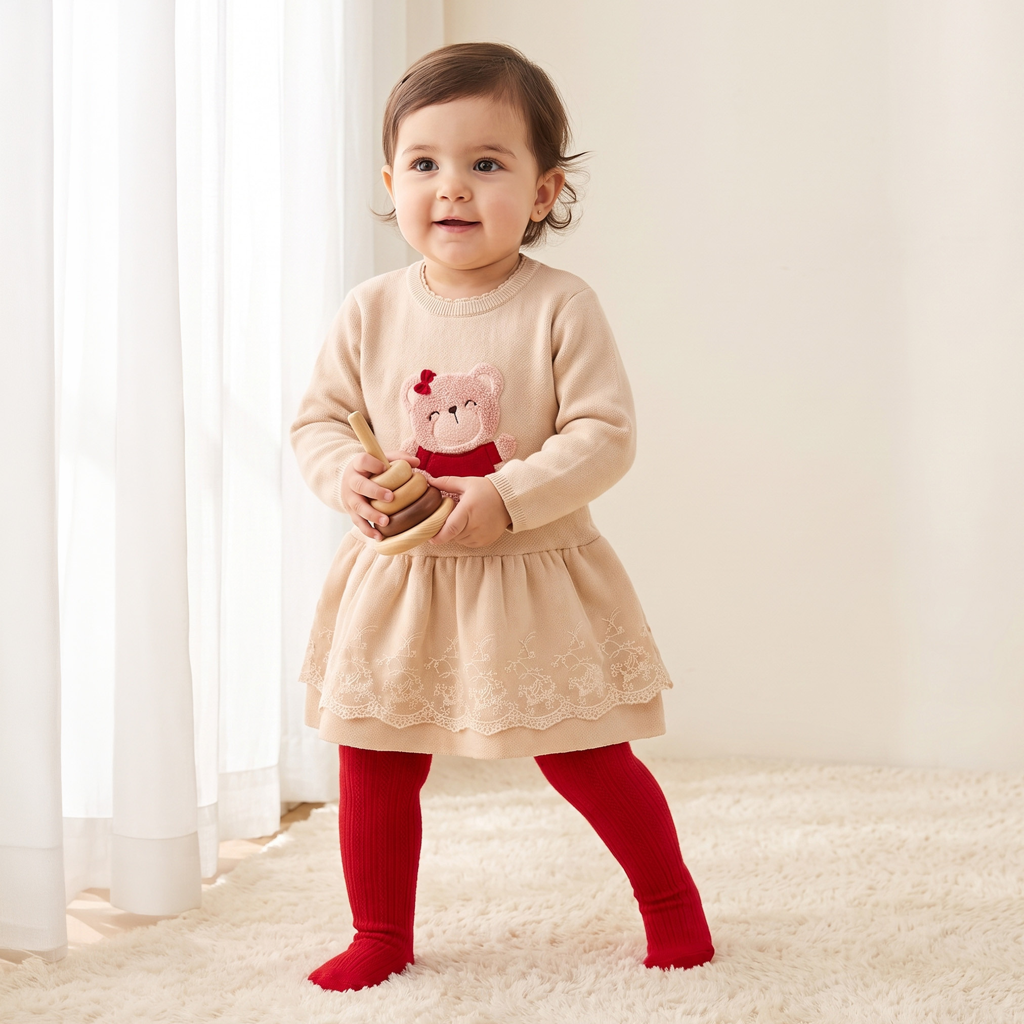 Set of 2 Juniors Round Neck Long Sleeves Knee Length Dress with Tights-baby-girls-clothing-dressesandjumpsuits-image-1