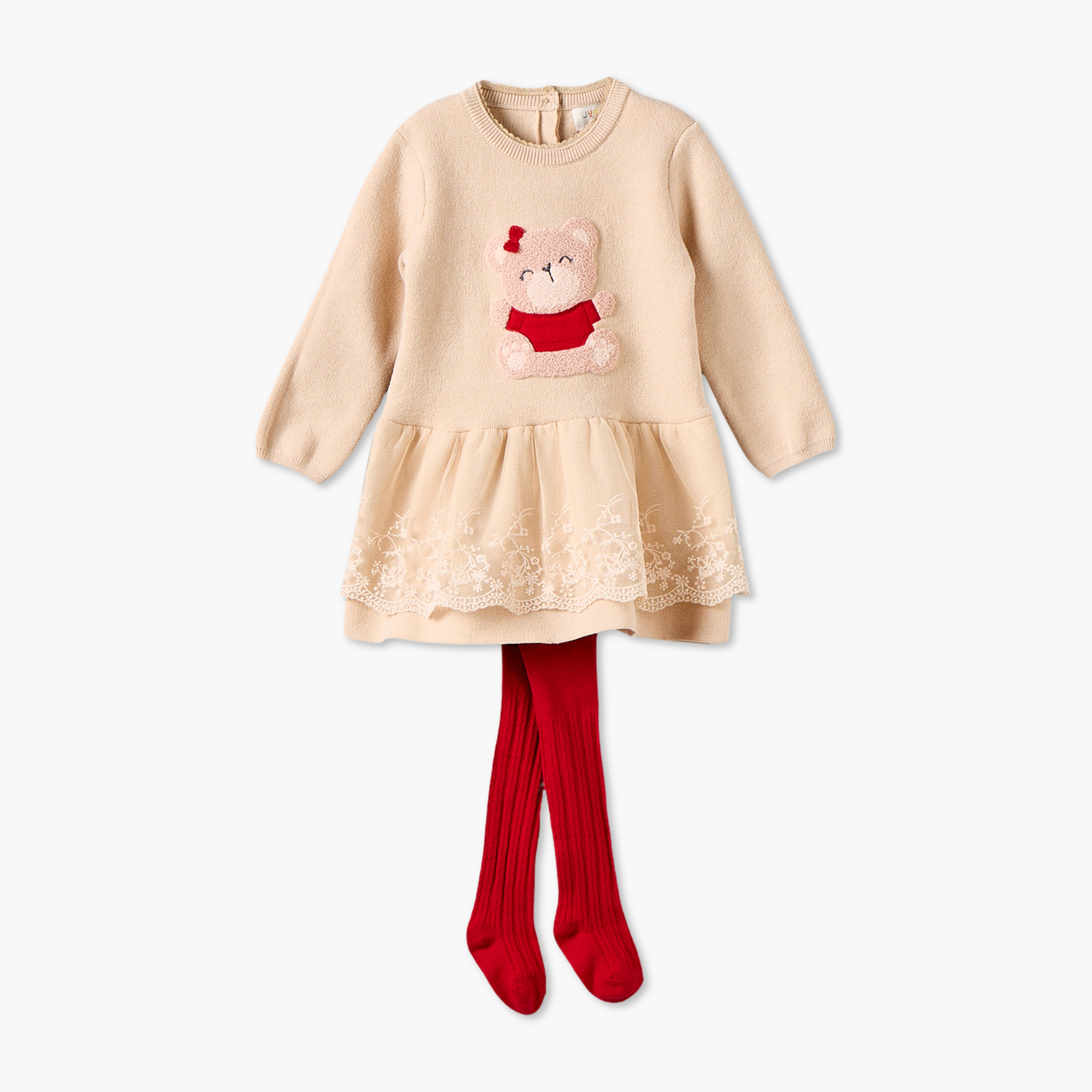 Set of 2 Juniors Round Neck Long Sleeves Knee Length Dress with Tights-baby-girls-clothing-dressesandjumpsuits-image-2