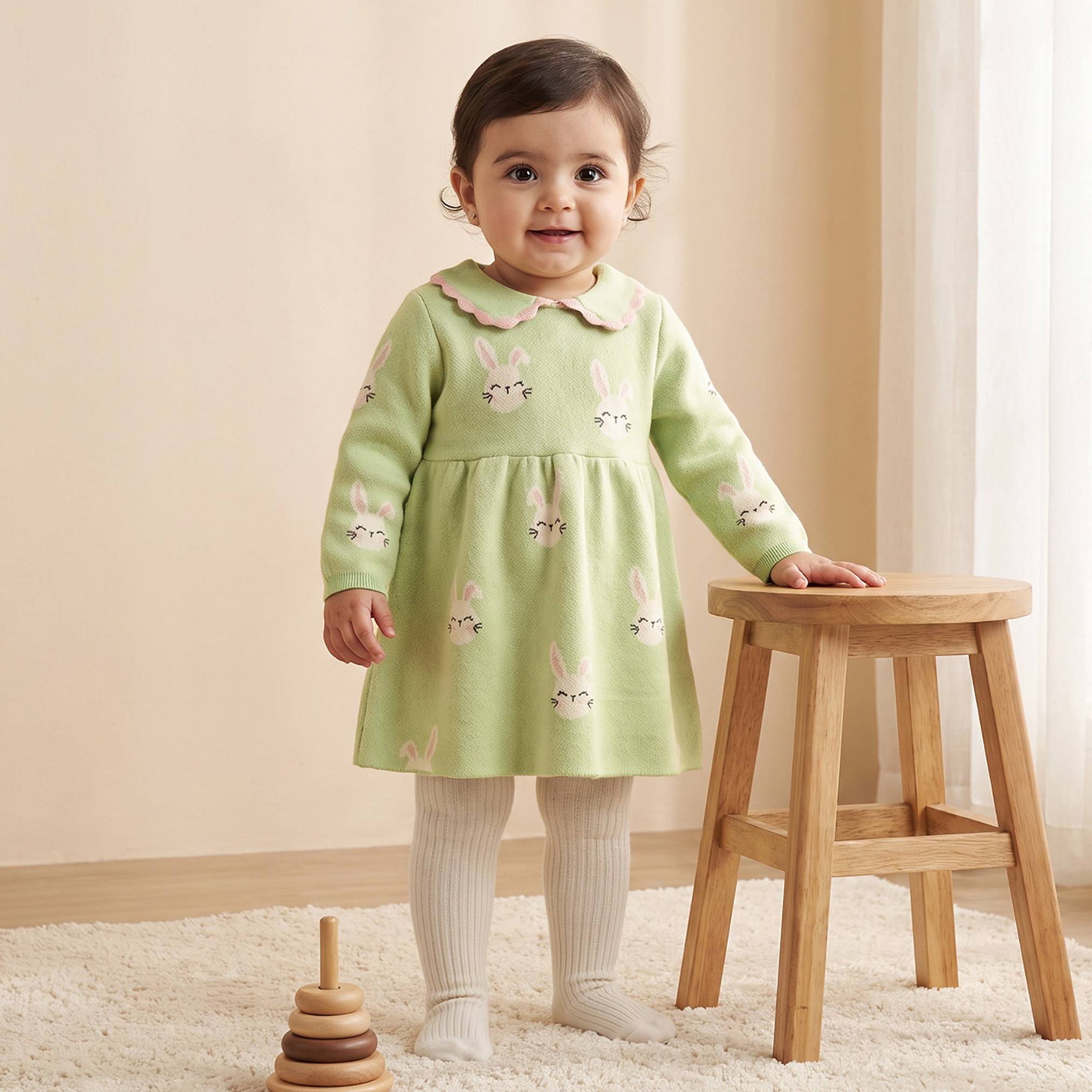 Juniors Peter Pan Collar Long Sleeves Midi Length A-line Dress and Tights with Cat Print-baby-girls-clothing-dressesandjumpsuits-image-1