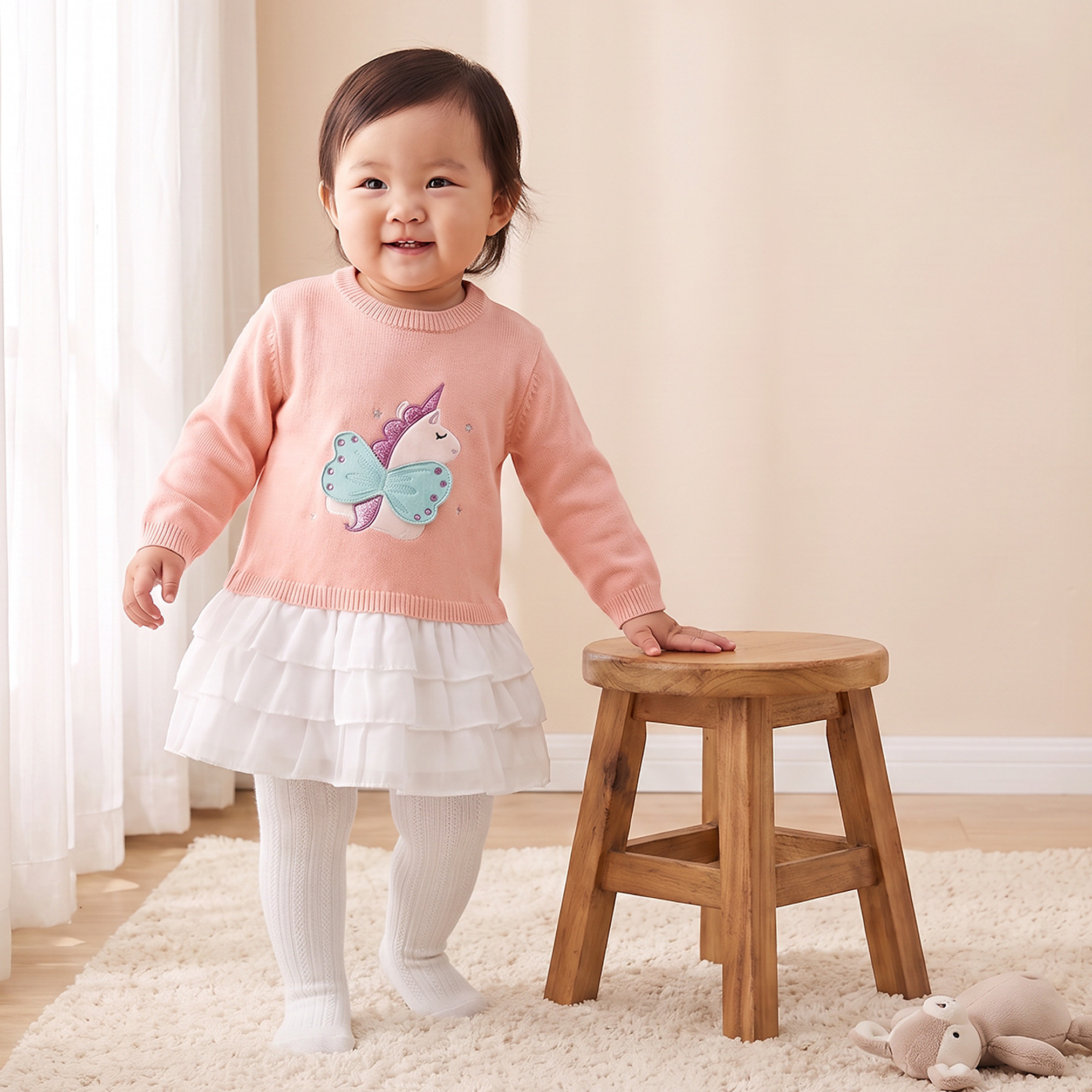 Juniors Round Neck Long Sleeves Knee Length Dress with Tights-baby-girls-clothing-dressesandjumpsuits-image-1
