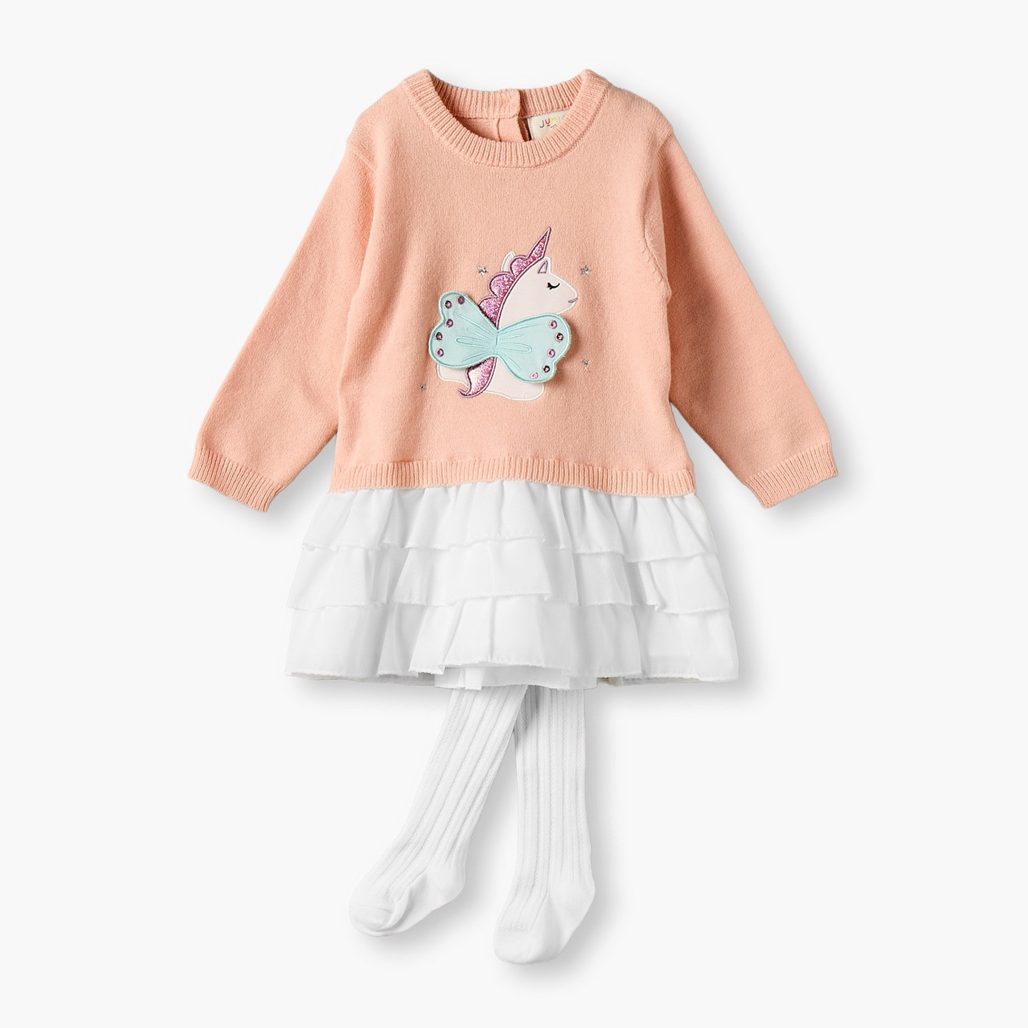 Juniors Round Neck Long Sleeves Knee Length Dress with Tights-baby-girls-clothing-dressesandjumpsuits-image-2