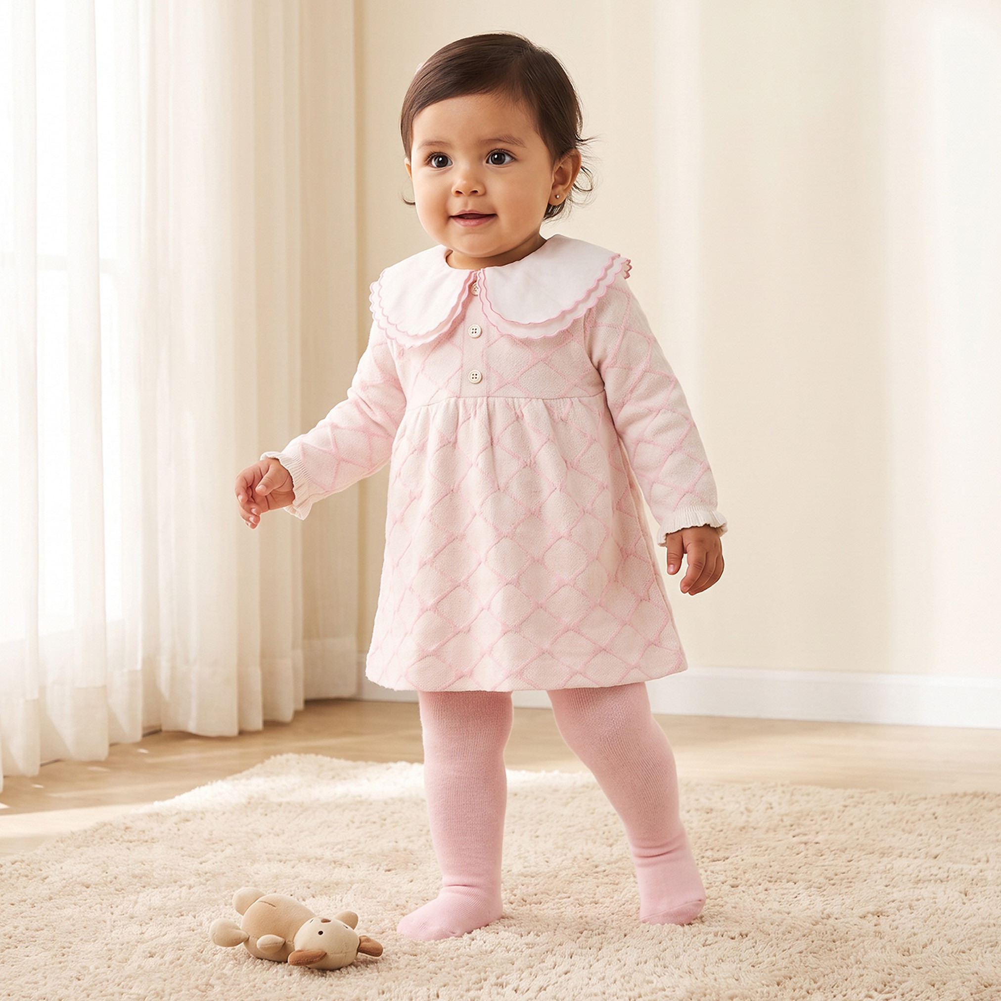 فستان بياقة بيتر بان وأكمام طويلة بطول الركبة مع سراويل تحتانية وأزرار إغلاق من جونيورز-baby-girls-clothing-dressesandjumpsuits-image-1