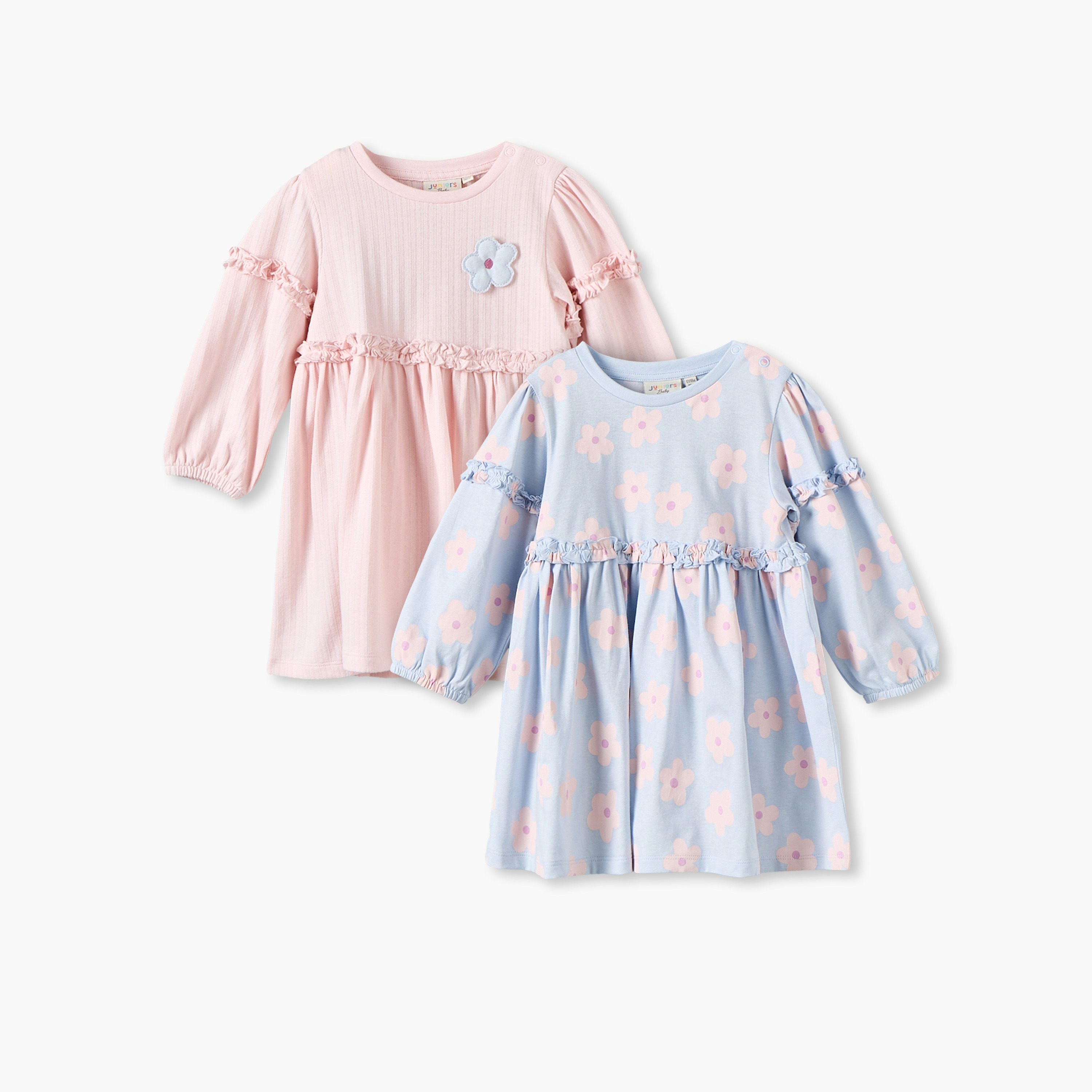 Pack of 2 Juniors Crew Neck Long Sleeves Knee Length Dress with Ruffle Trim-baby-girls-clothing-dressesandjumpsuits-image-1
