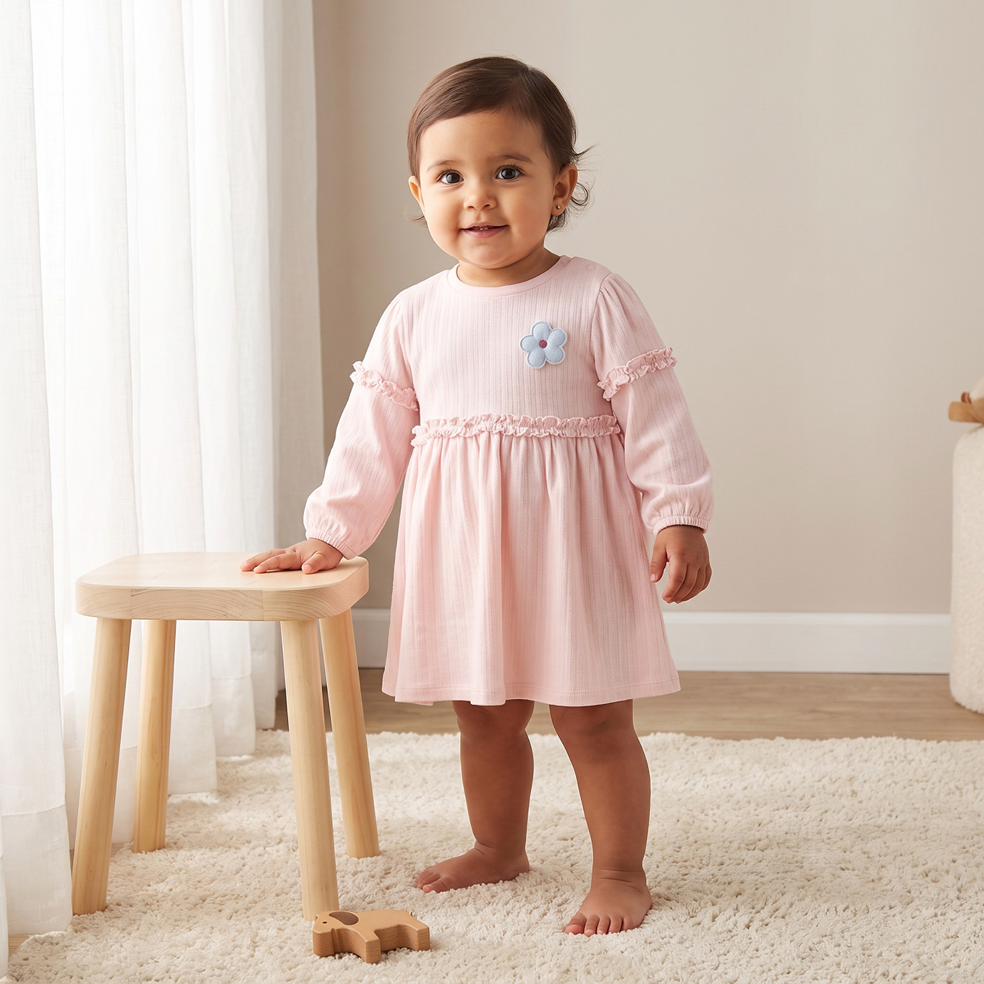 Pack of 2 Juniors Crew Neck Long Sleeves Knee Length Dress with Ruffle Trim-baby-girls-clothing-dressesandjumpsuits-image-2