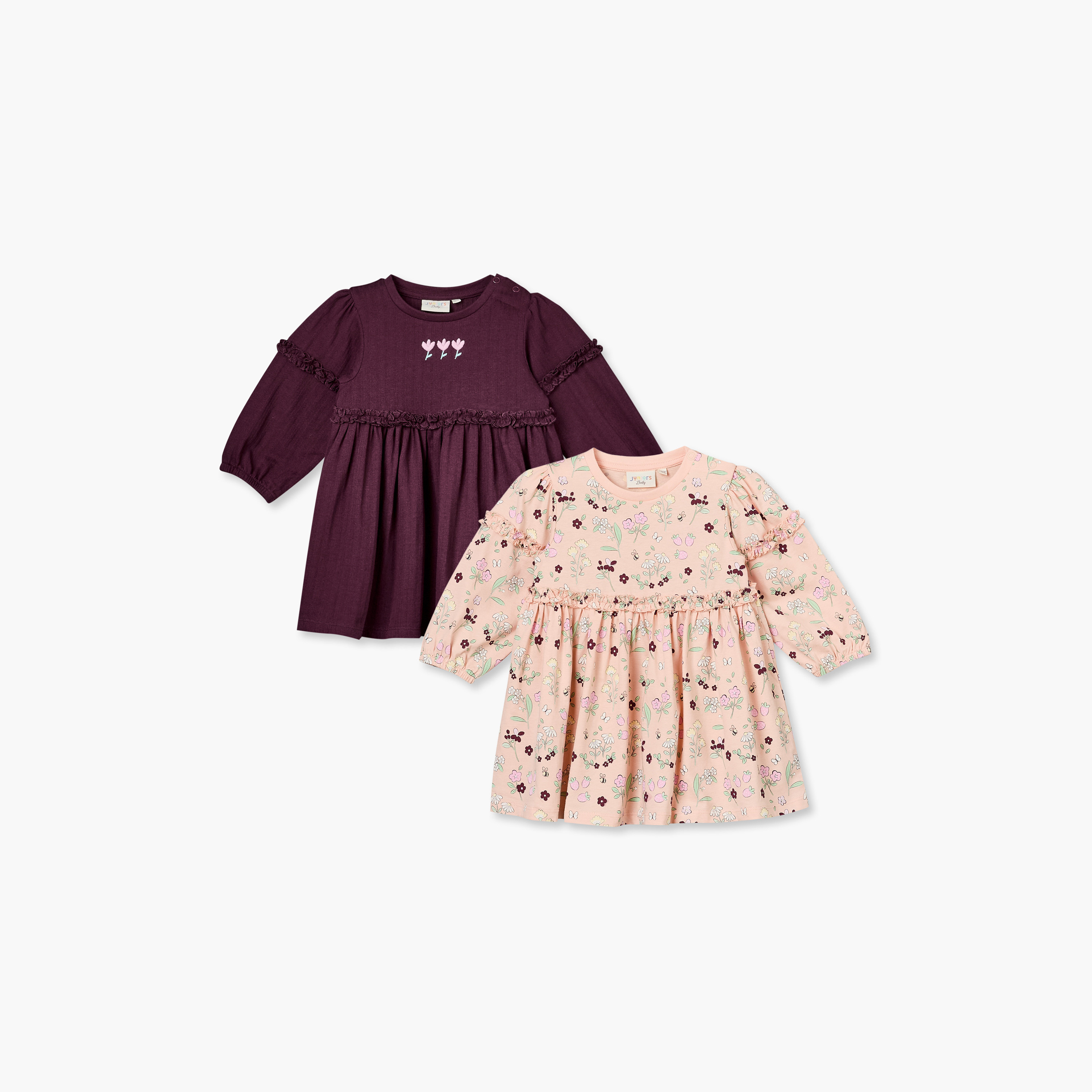 Pack of 2 Juniors Round Neck Long Sleeves Knee Length A-line Dress with Floral Print-baby-girls-clothing-dressesandjumpsuits-image-1