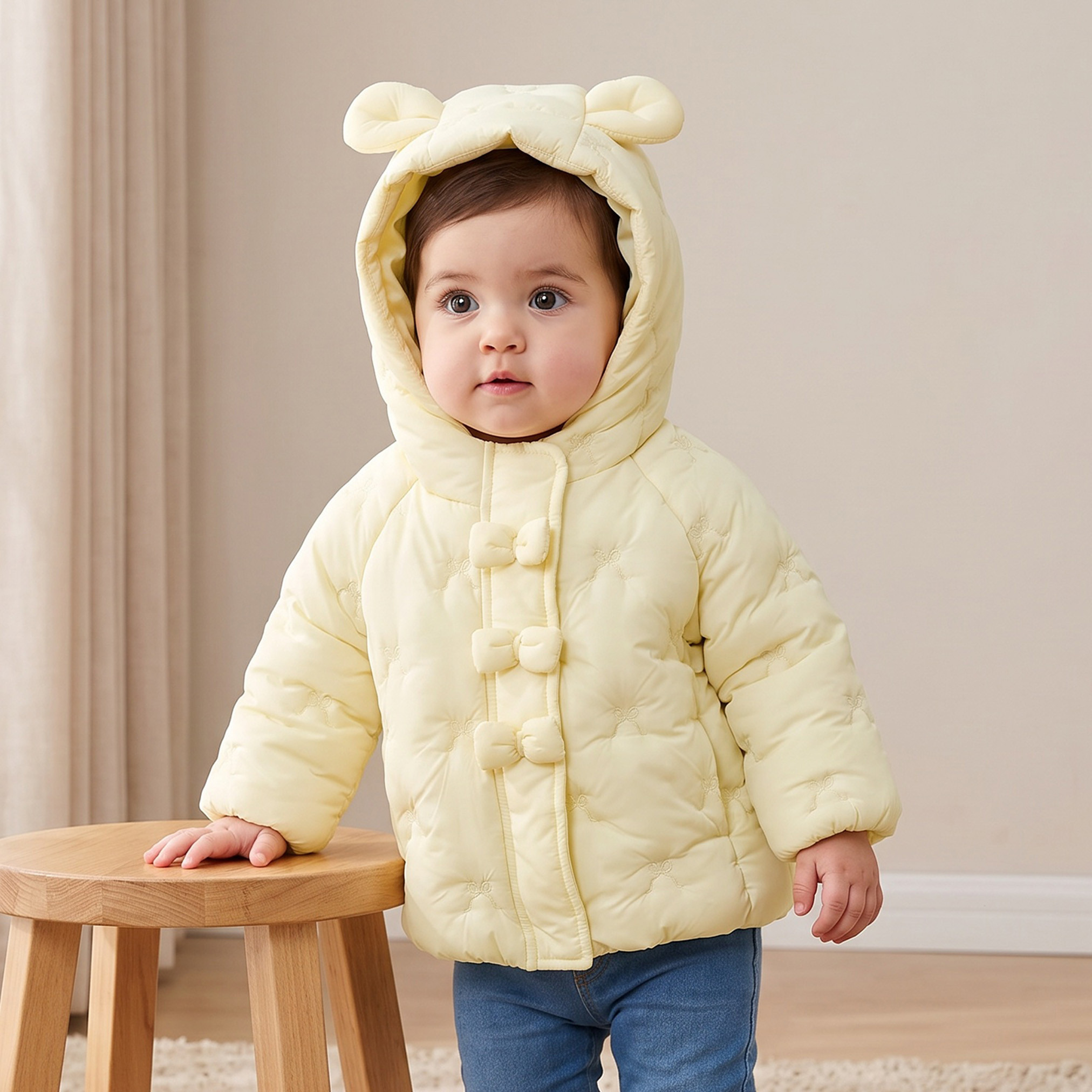 Juniors Hooded Puffer Jacket with Bow Embroidery-baby-girls-clothing-winterwear-jacketsandcoats-image-1