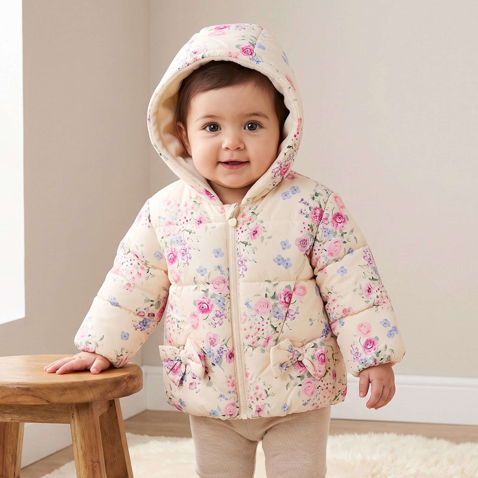 Juniors Hooded Puffer Jacket with Floral Print-baby-girls-clothing-winterwear-jacketsandcoats-image-1