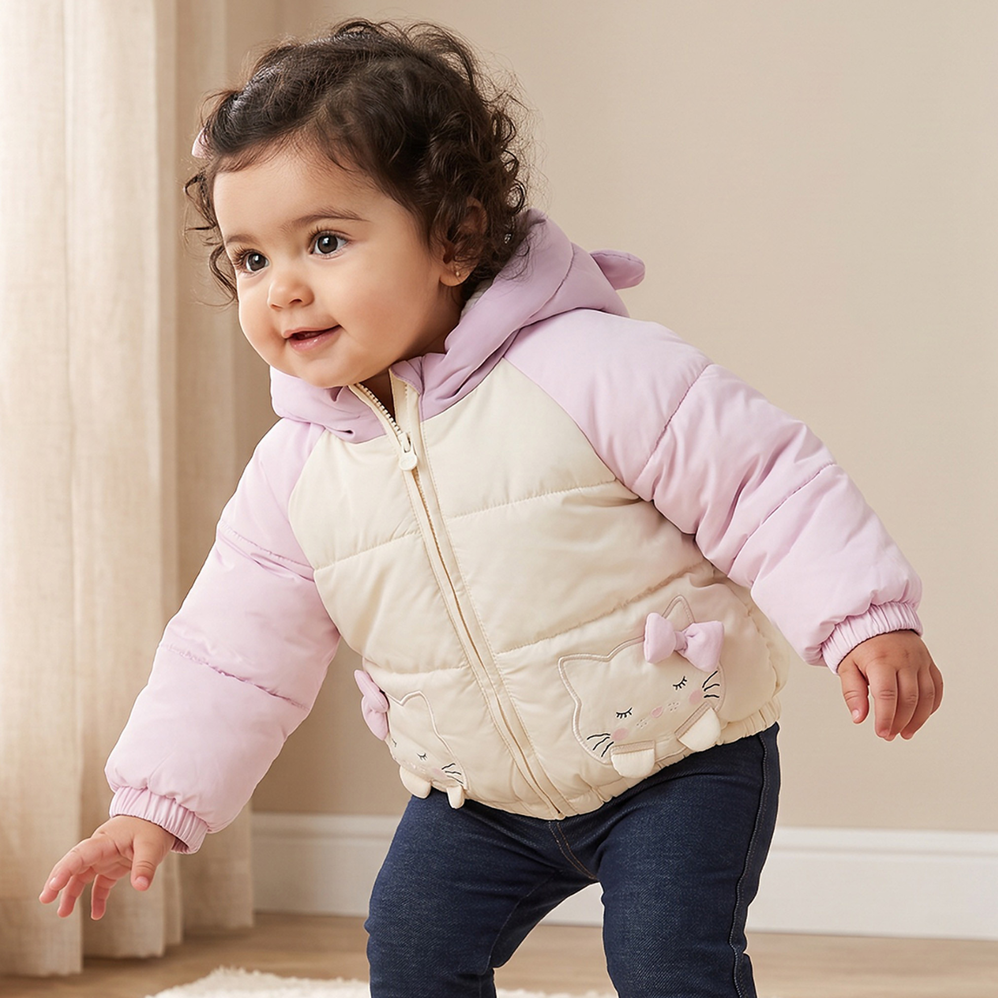 جاكيت نفخ بقبعة وزينة قطة وسحاب إغلاق من جونيورز-baby-girls-clothing-winterwear-jacketsandcoats-image-1