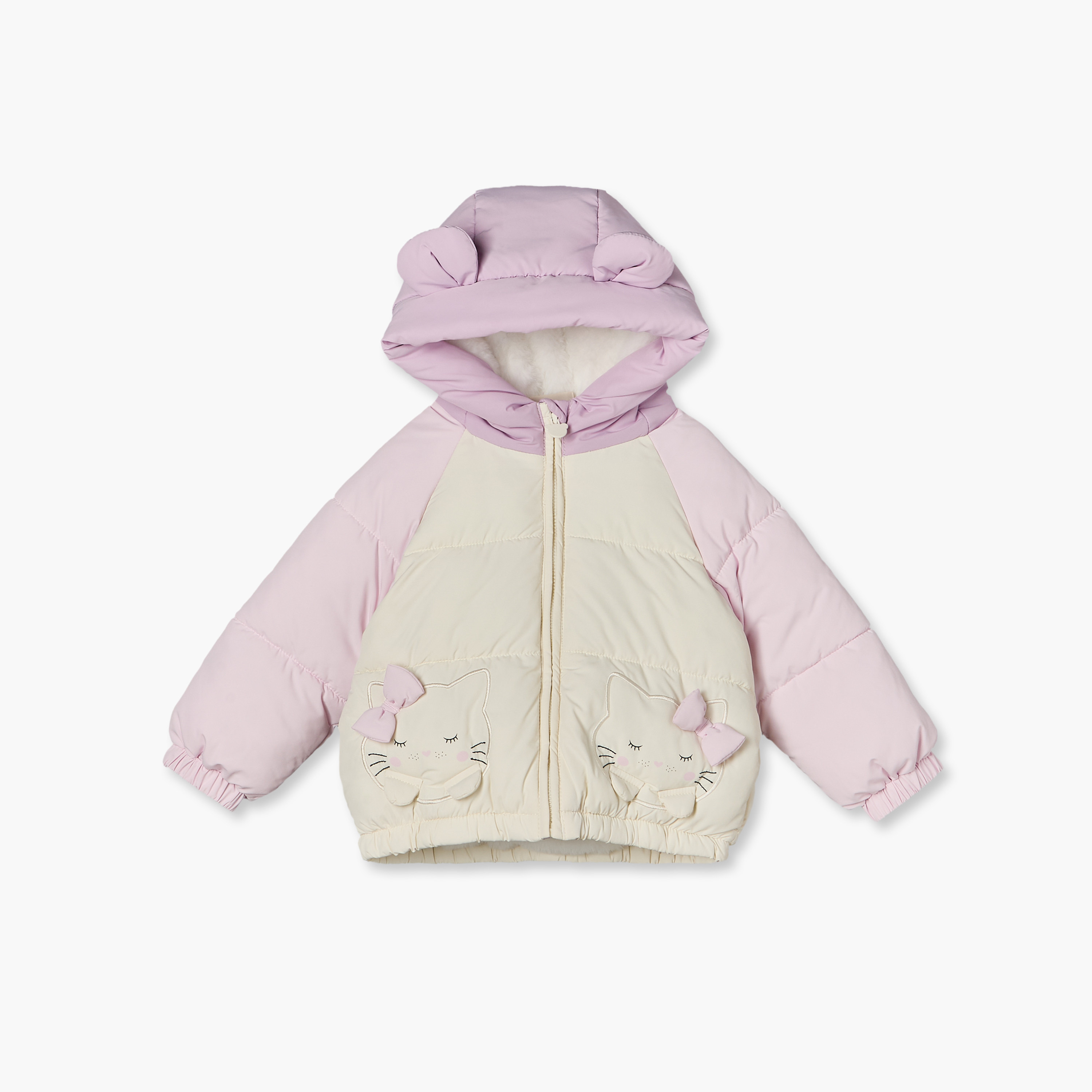 جاكيت نفخ بقبعة وزينة قطة وسحاب إغلاق من جونيورز-baby-girls-clothing-winterwear-jacketsandcoats-image-2