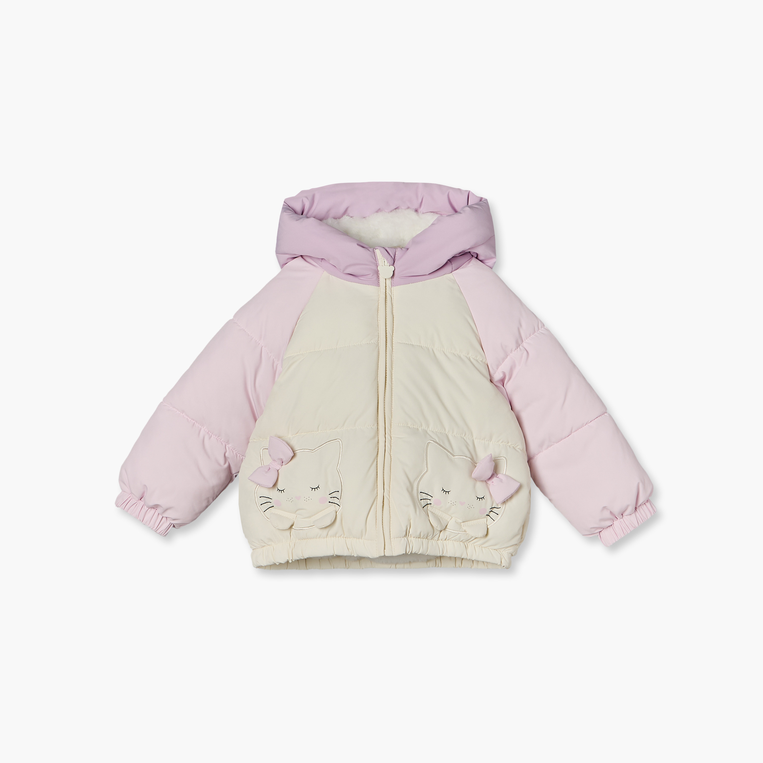 جاكيت نفخ بقبعة وزينة قطة وسحاب إغلاق من جونيورز-baby-girls-clothing-winterwear-jacketsandcoats-image-3