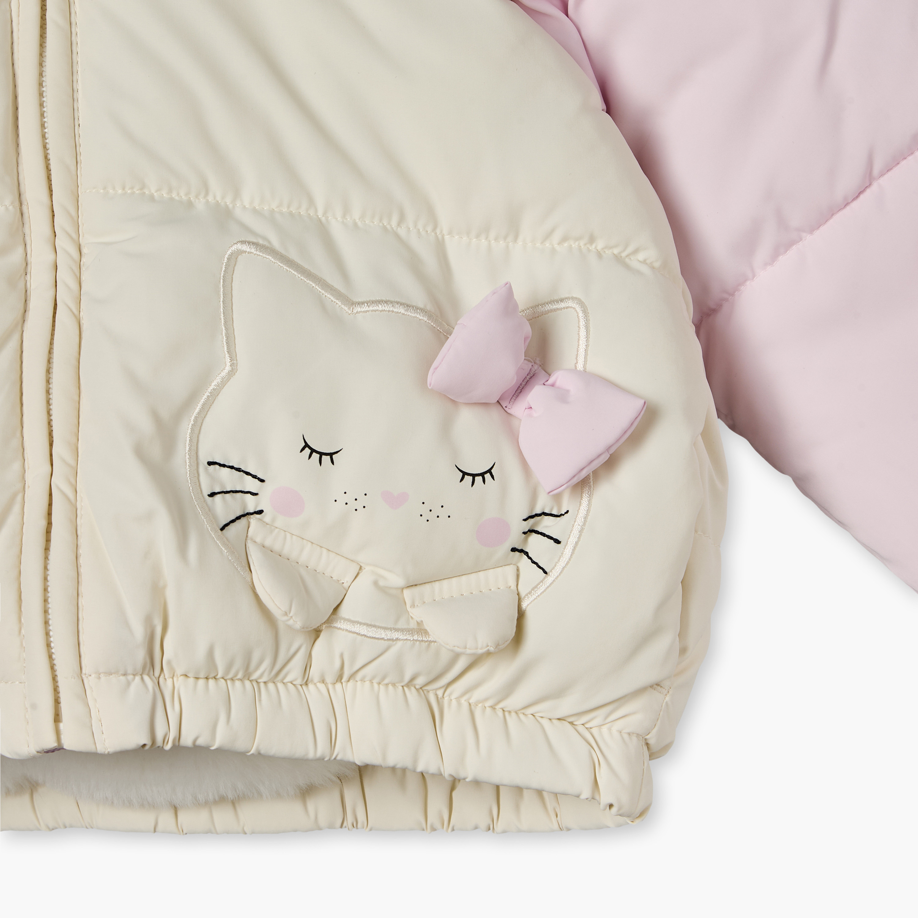 جاكيت نفخ بقبعة وزينة قطة وسحاب إغلاق من جونيورز-baby-girls-clothing-winterwear-jacketsandcoats-image-6