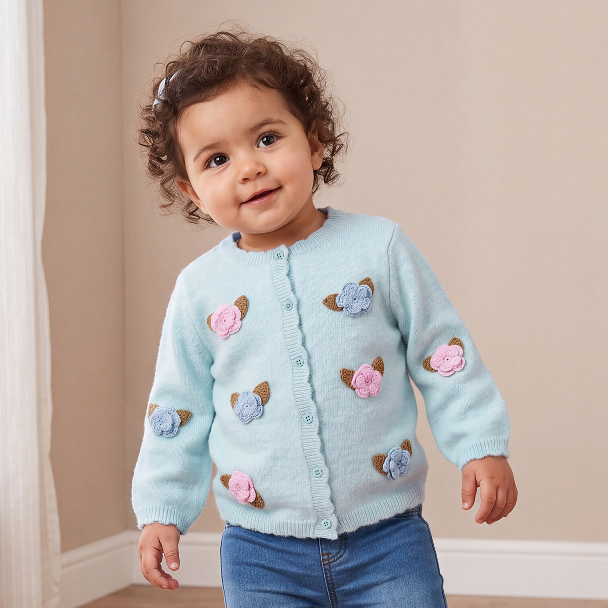 Juniors Crew Neck Cardigan with Floral Crochet Detail-baby-girls-clothing-jumpersandcardigans-image-1