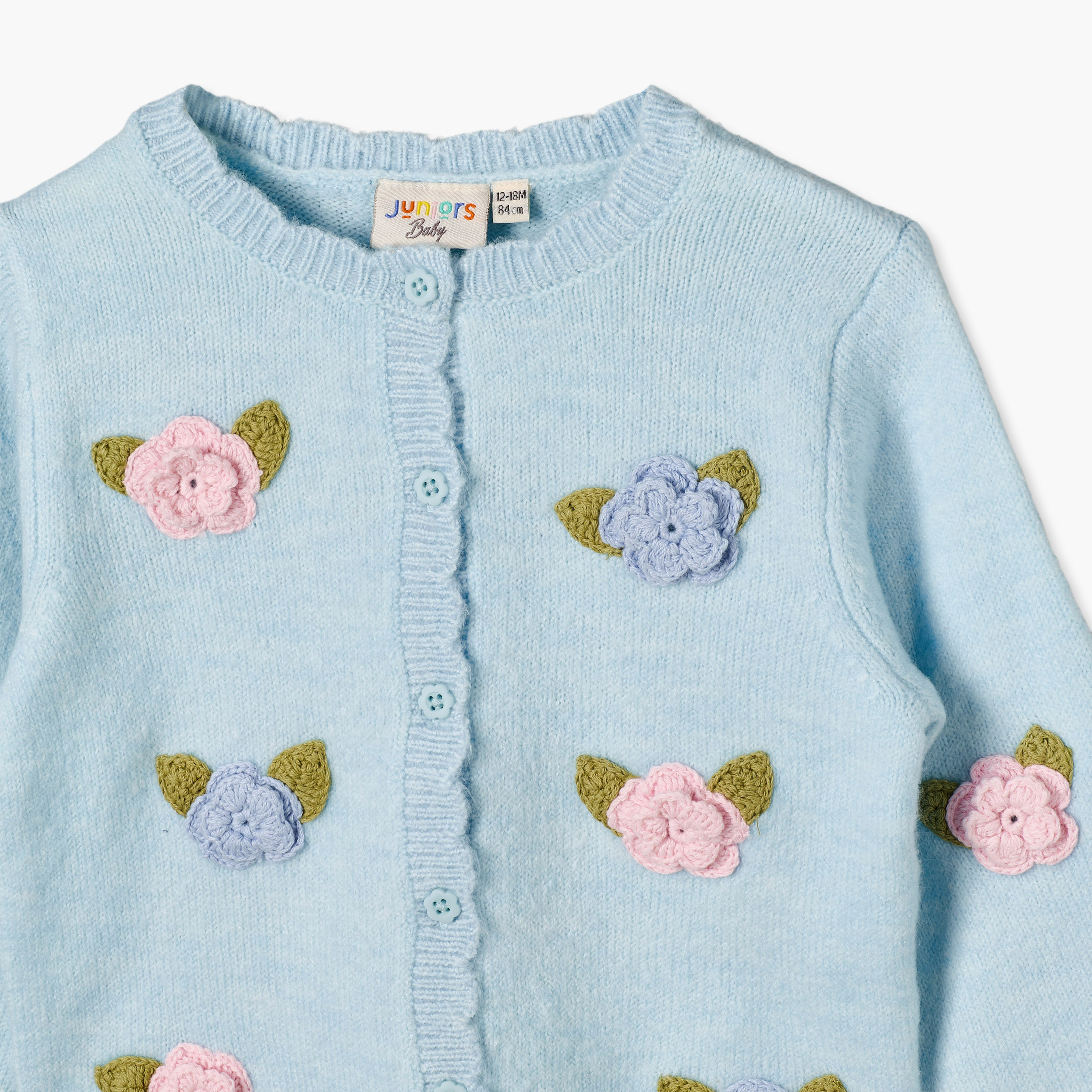 Juniors Crew Neck Cardigan with Floral Crochet Detail-baby-girls-clothing-jumpersandcardigans-image-4