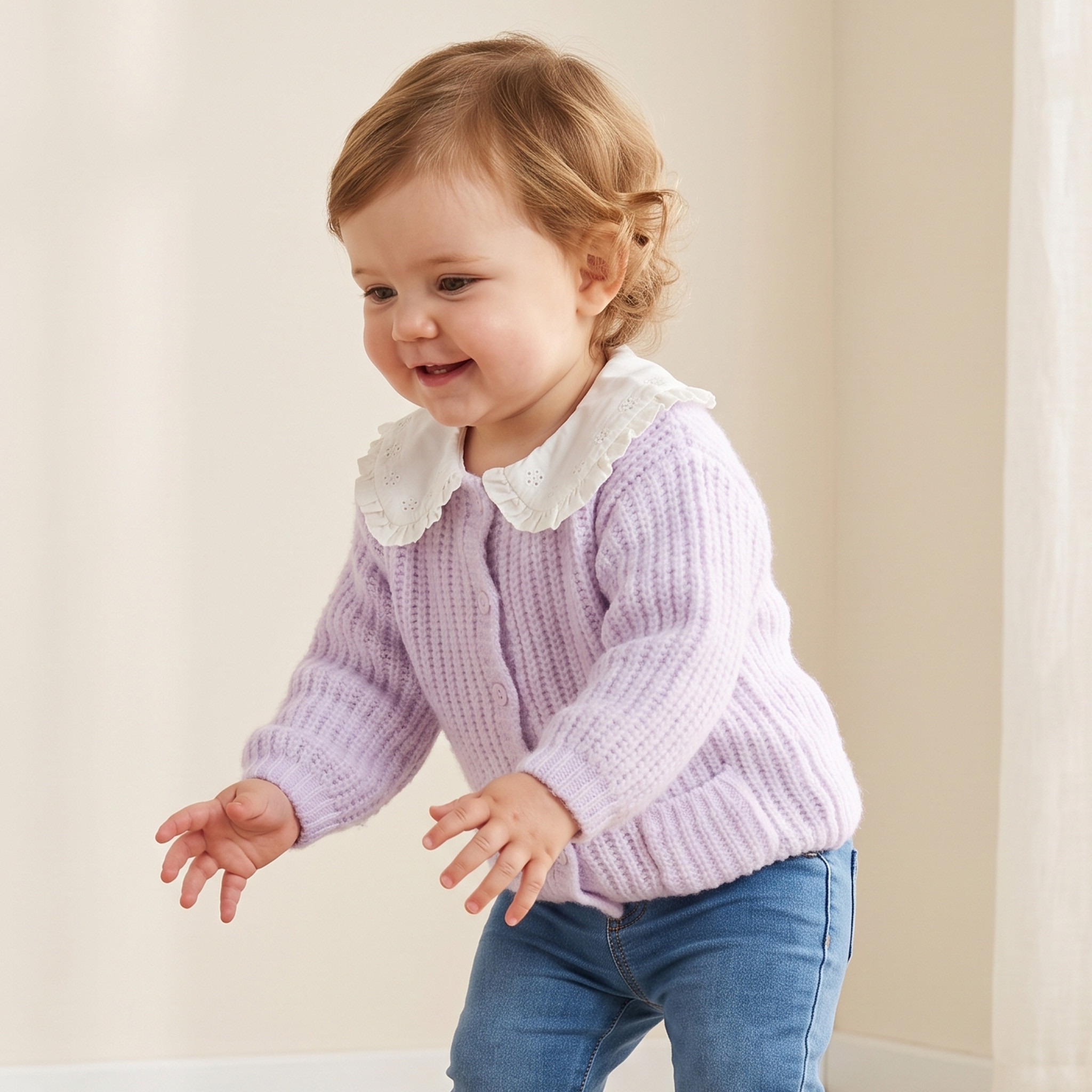 Juniors Peter Pan Collar Cardigan with Textured Design-baby-girls-clothing-jumpersandcardigans-image-1