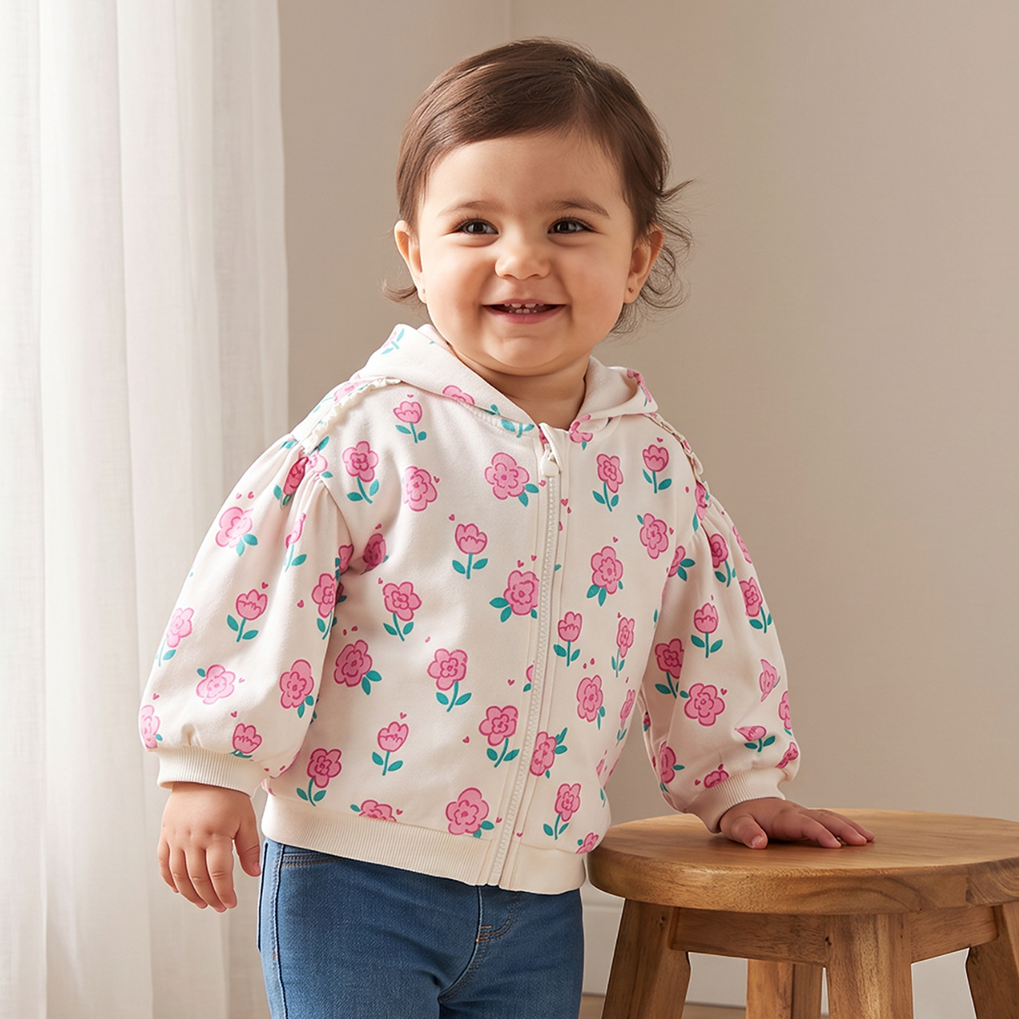 Juniors Floral Print Hoodie with Long Sleeves-baby-girls-clothing-winterwear-sweatshirts-image-1