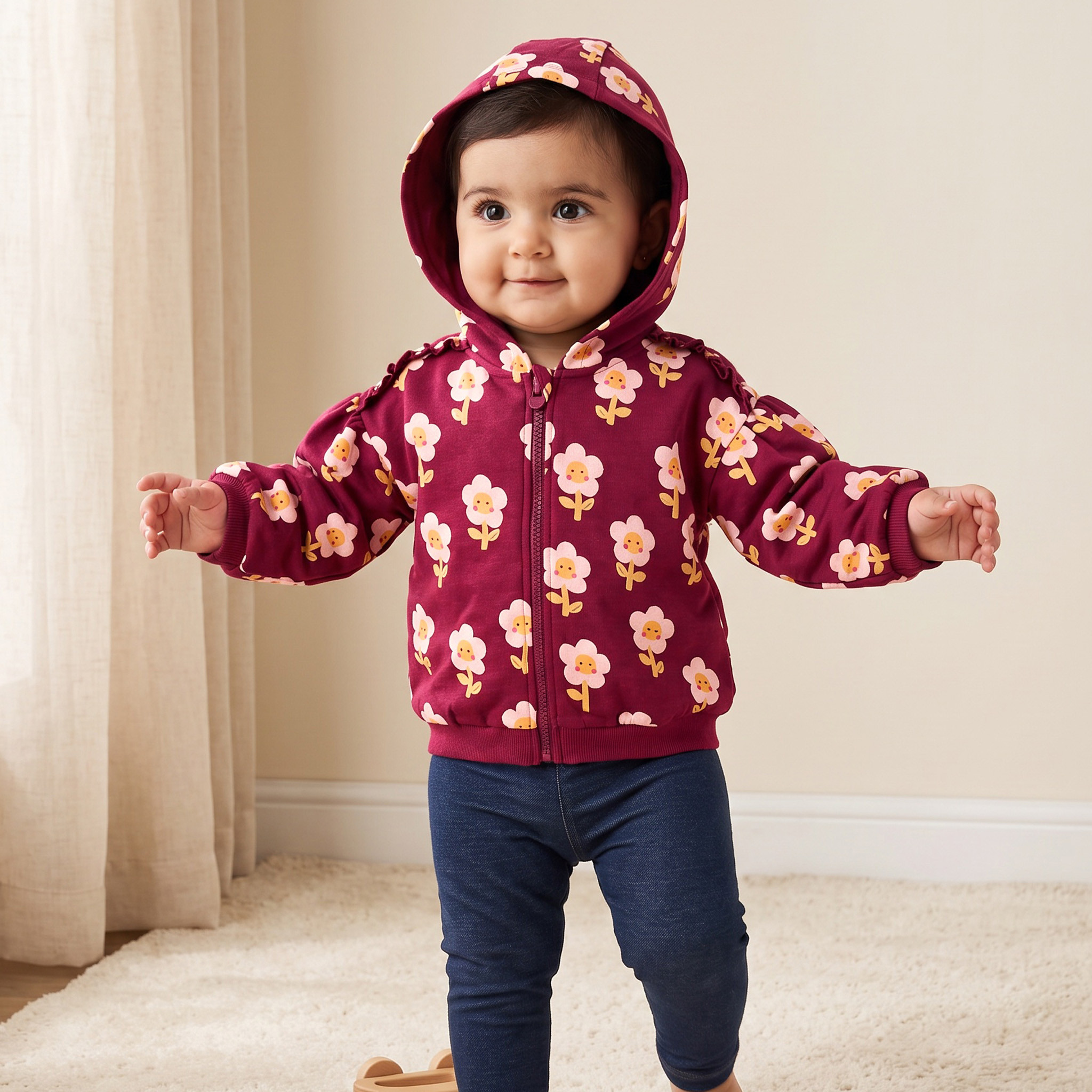 Juniors Floral Print Zip Through Hoodie with Long Sleeves-baby-girls-clothing-winterwear-sweatshirts-image-1