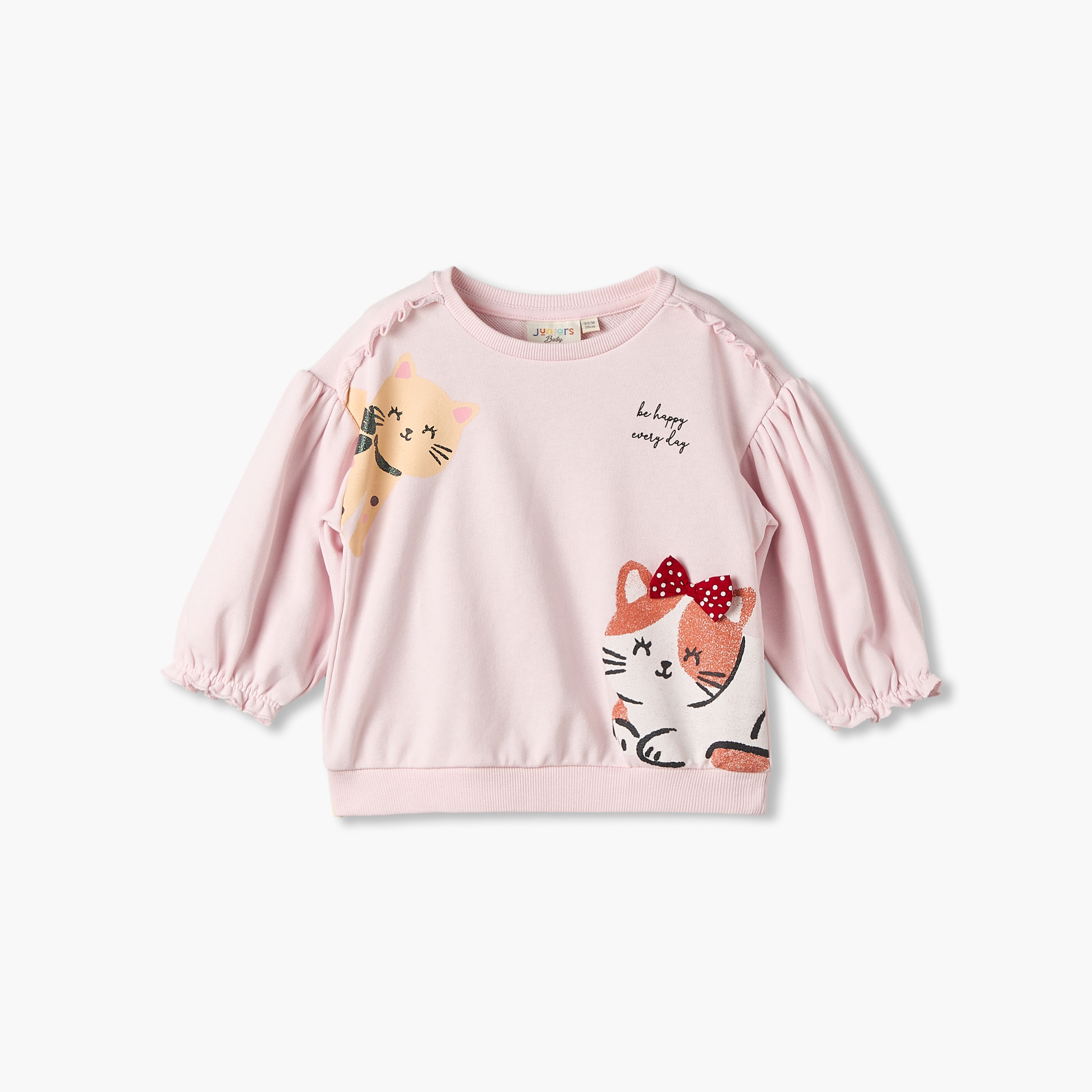 Juniors Cat Print Sweatshirt with Long Sleeves-baby-girls-clothing-sweatshirts-image-1