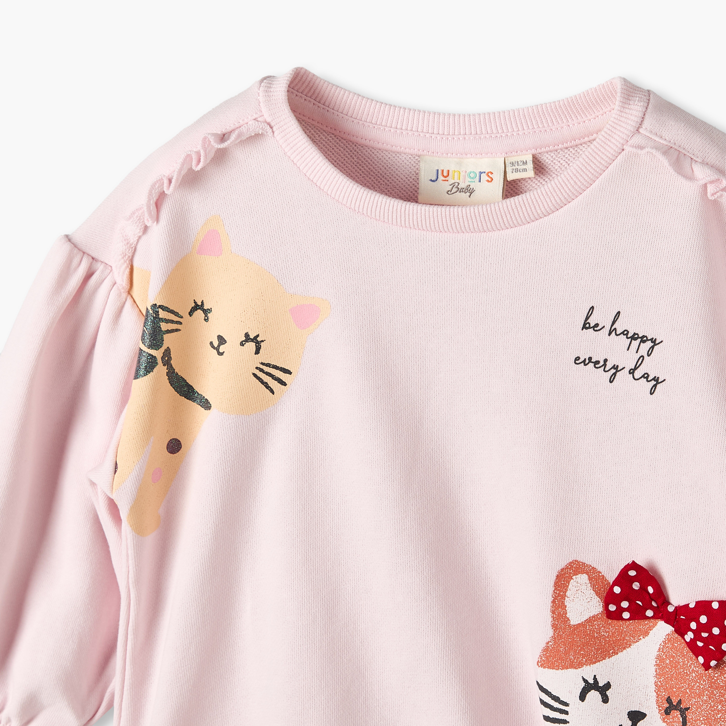 Juniors Cat Print Sweatshirt with Long Sleeves-baby-girls-clothing-sweatshirts-image-3
